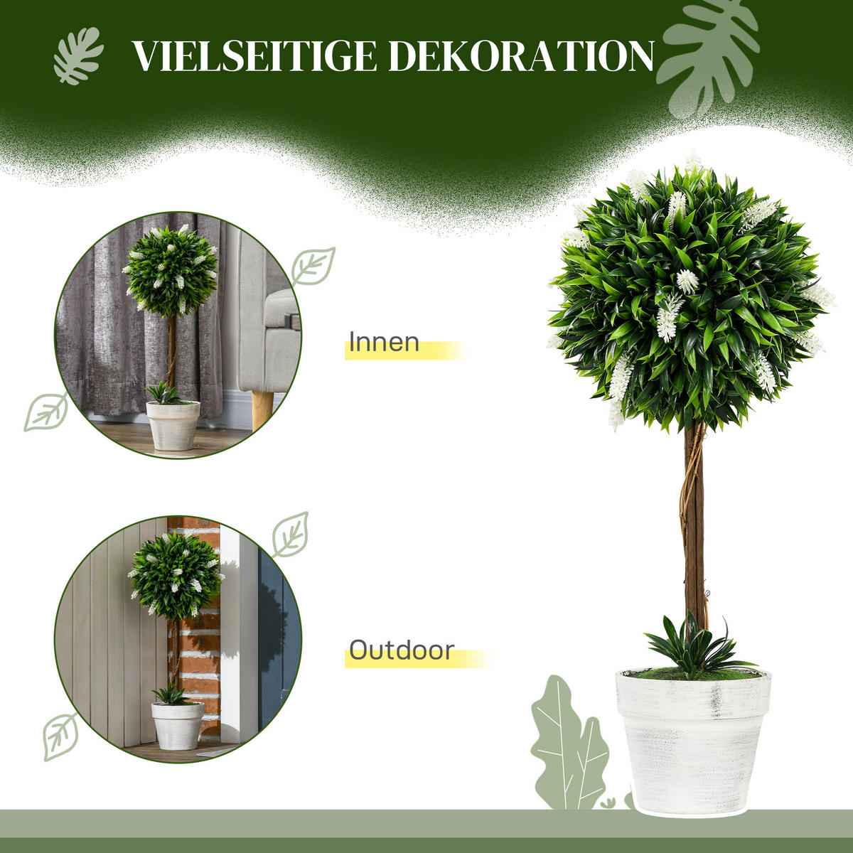 KUNSTPFLANZE Lavendel 2er-Set Künstliche Pflanzen 60 cm Zimmerpflanze Weiß - Weiß/Braun, Kunststoff (60cm) - HOMCOM