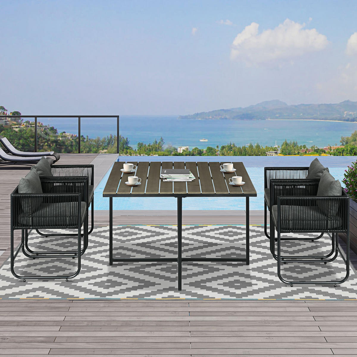 OUTDOOR ESSGRUPPE DE-06703 5-teilig mit Sitzkissen Schwarz/Grau - Grau, Kunststoff/Metall - ComfortXL