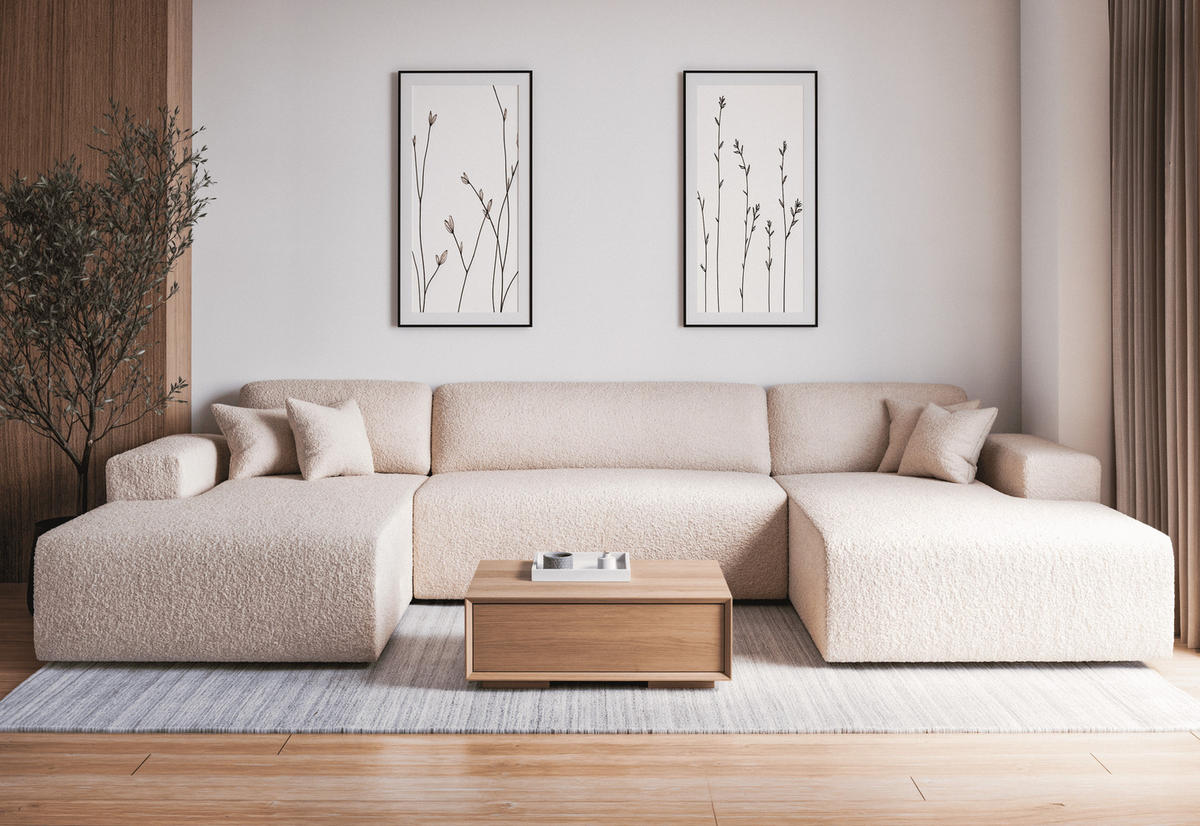 WOHNLANDSCHAFT PULA-U BOUCLE mit Schlaffunktion & Stauraum Ecru - Ecru, Textil (364/84/187cm) - Luxkor24