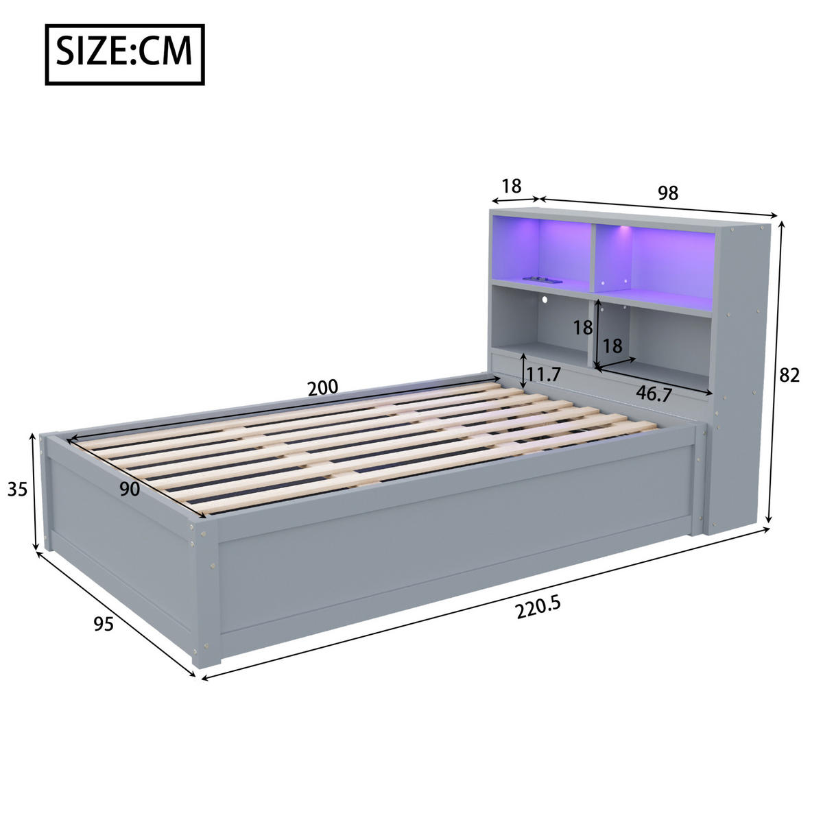 POSTEĽ 90/200 cm sivé s LED osvetlením, zásuvkou a úložným priestorom z borovicového dreva - sivá, drevo (90/200cm) - OKWISH