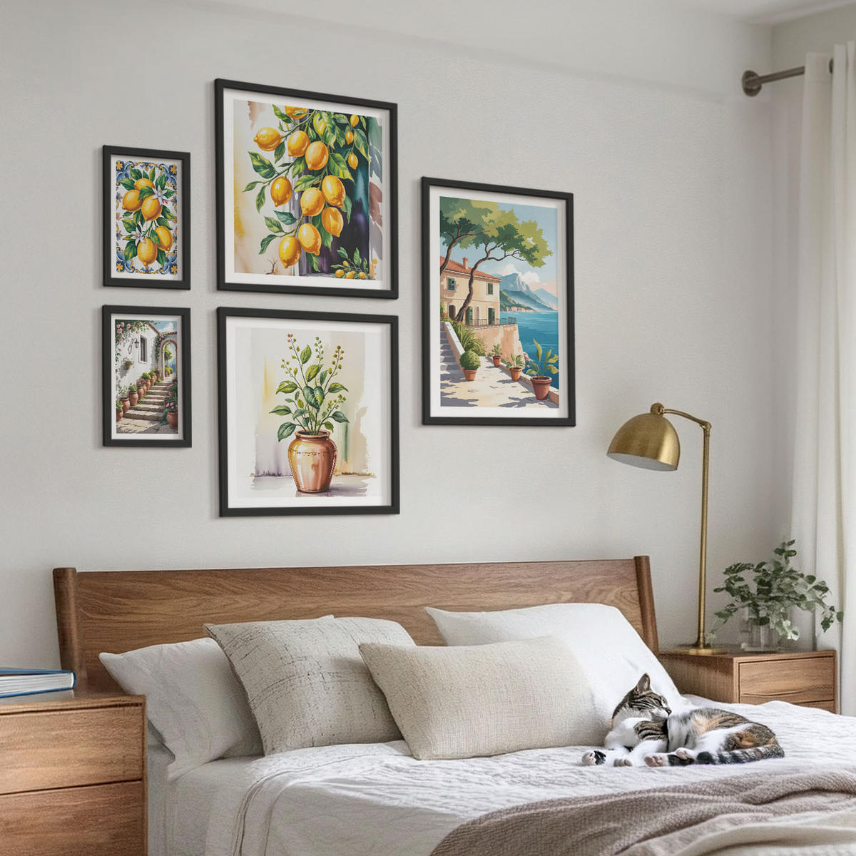 WANDBILDER 5er-Set - 50x50 cm & 20x30 cm & 40x60 cm Schwarzer Rahmen - Zitrusbaum im Fenster am Meer - Schwarz, Kunststoff (40/60cm) - ArtPrintCave