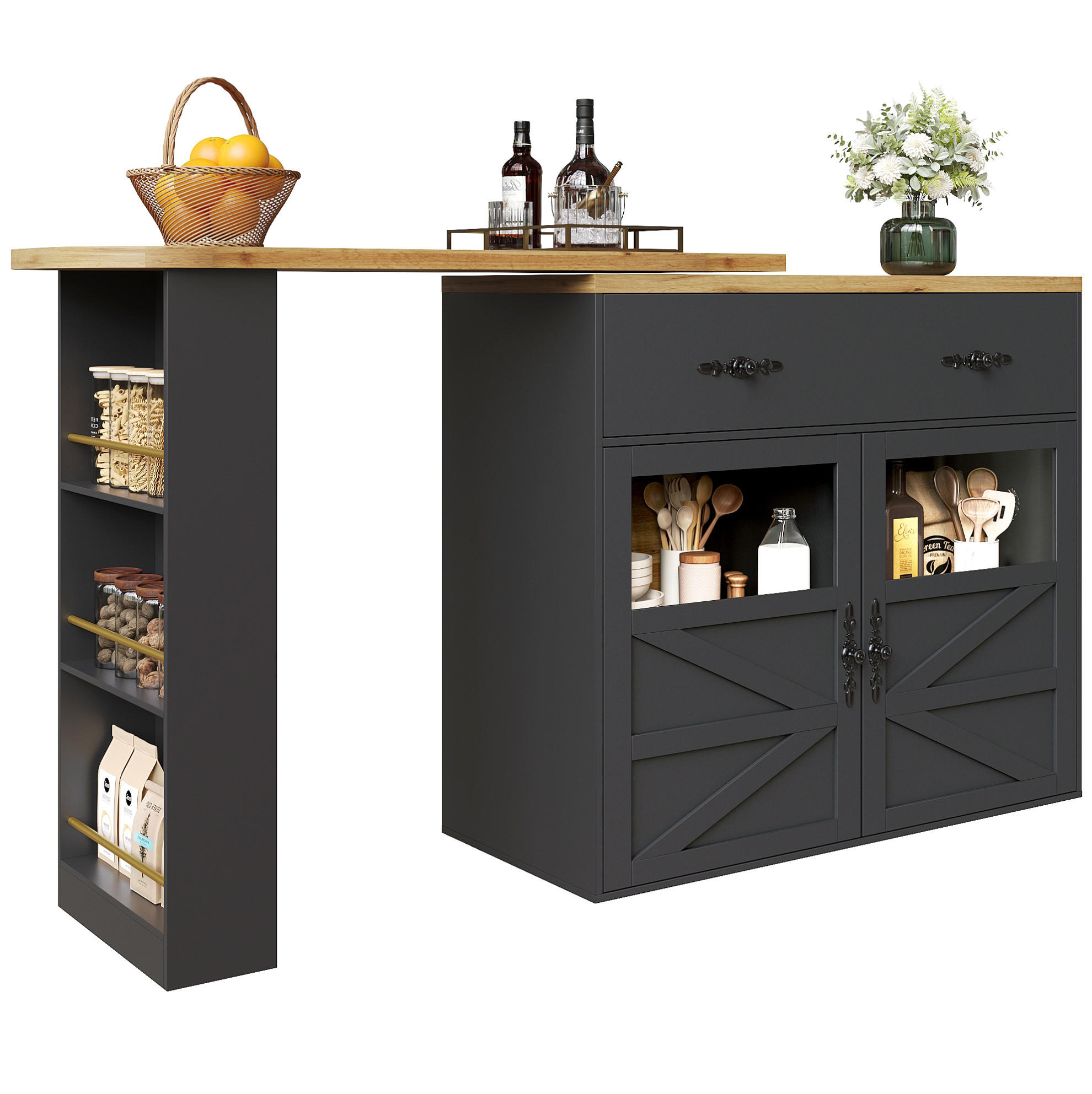 Modfu BAROVÝ stůl z MDF 138-204x39x104 cm černý s 360° otočnou deskou a úložným prostorem