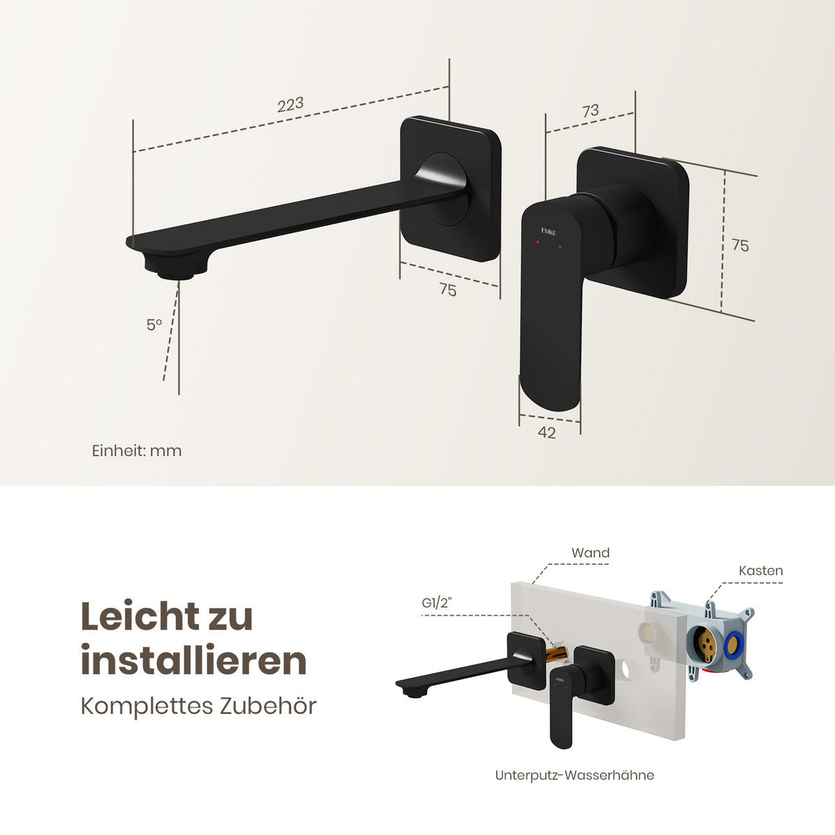 WASCHTISCHARMATUR Modular Ventilkernzertifizierung Messing Schwarz Matt - Schwarz, Metall (12.7/11/23.3cm) - EMKE