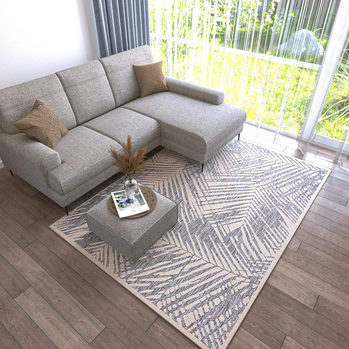 TEPPICH Beige In-Outdoor - Kurzflor Rechteckig - Motiv Pflanzen,Blätter,Blumen - Grau - 120 x 170 cm - Hellgrau/Creme, Textil (120/170cm) - Mazovia