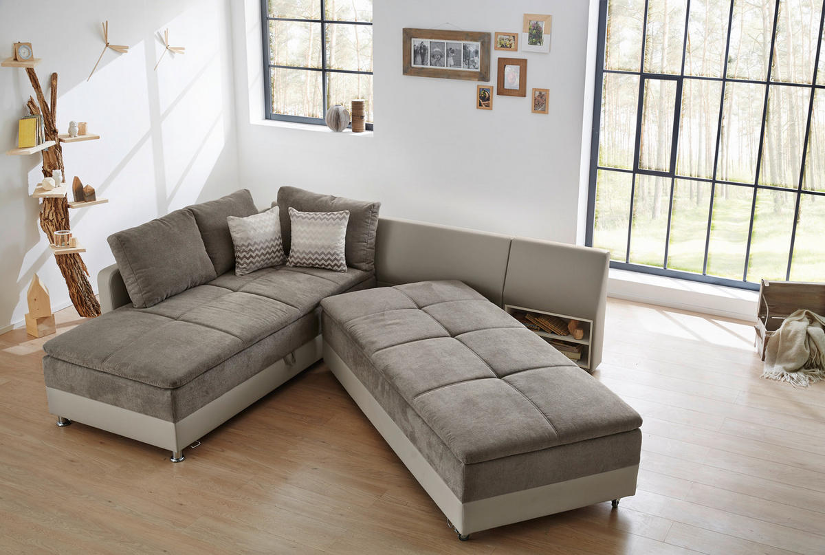 ECKSOFA-DAUERSCHLÄFER Doppelbett 306/223/95 cm Boxspring Federkern Topper, Schwenkteil rechts, Kunstleder Beige+Mikrofaser Grau Braun / 15102 - Chromfarben/Beige, Textil/Metall (306/223cm) - luma-home