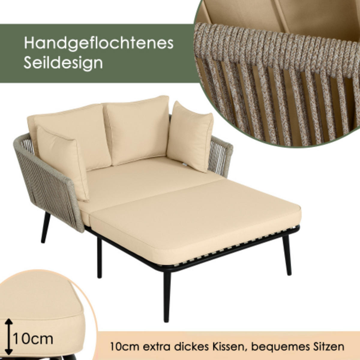 GARTENLIEGE 130x120x67 cm aus Stahl und Polyester mit handgeflochtenen Details, Sandfarben - Sandfarben, Textil (120/67/130cm) - Luhomfu