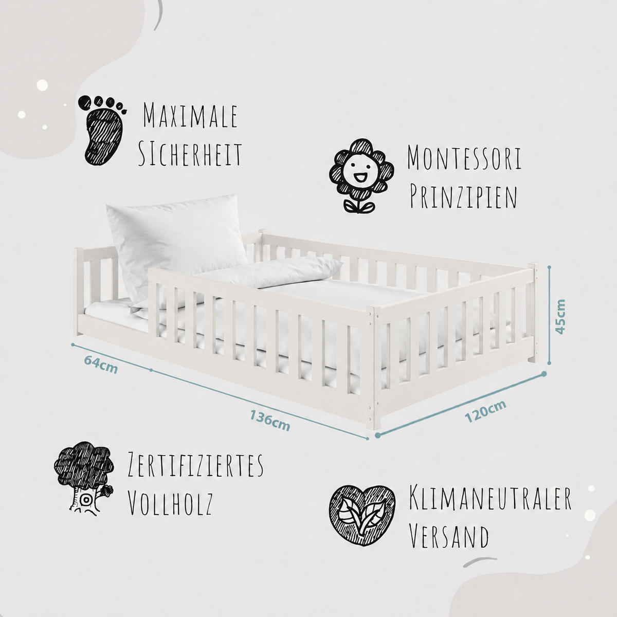 BODENBETT 120x200 cm in Baumwolle - Beige, Holz (120/200cm) - Kids Collective