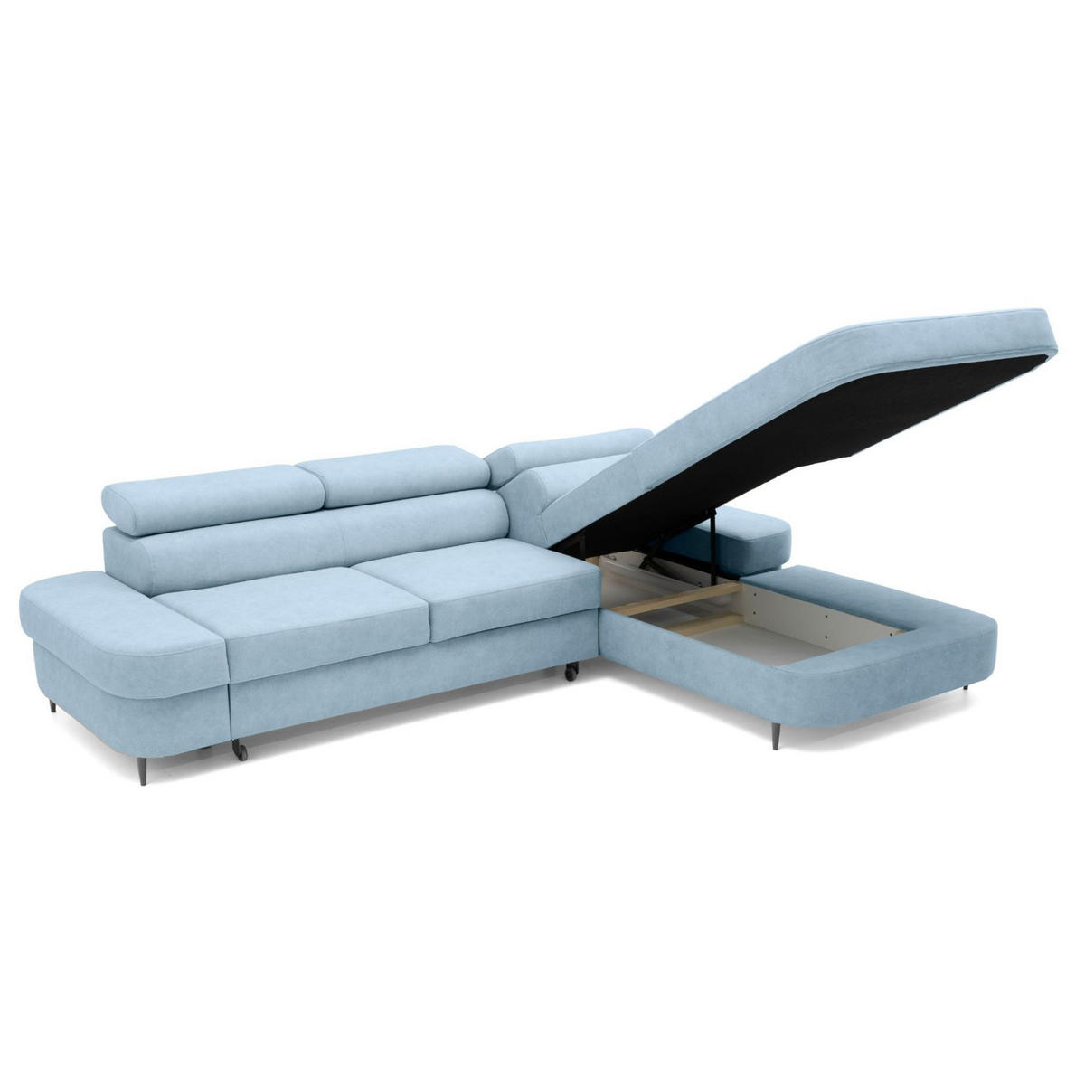 ECKSOFA JAZZ L Rechts mit Schlaffunktion 127x216 Velours Hellblau - Schwarz/Hellblau, Holz/Textil (237/285cm) - Muffo