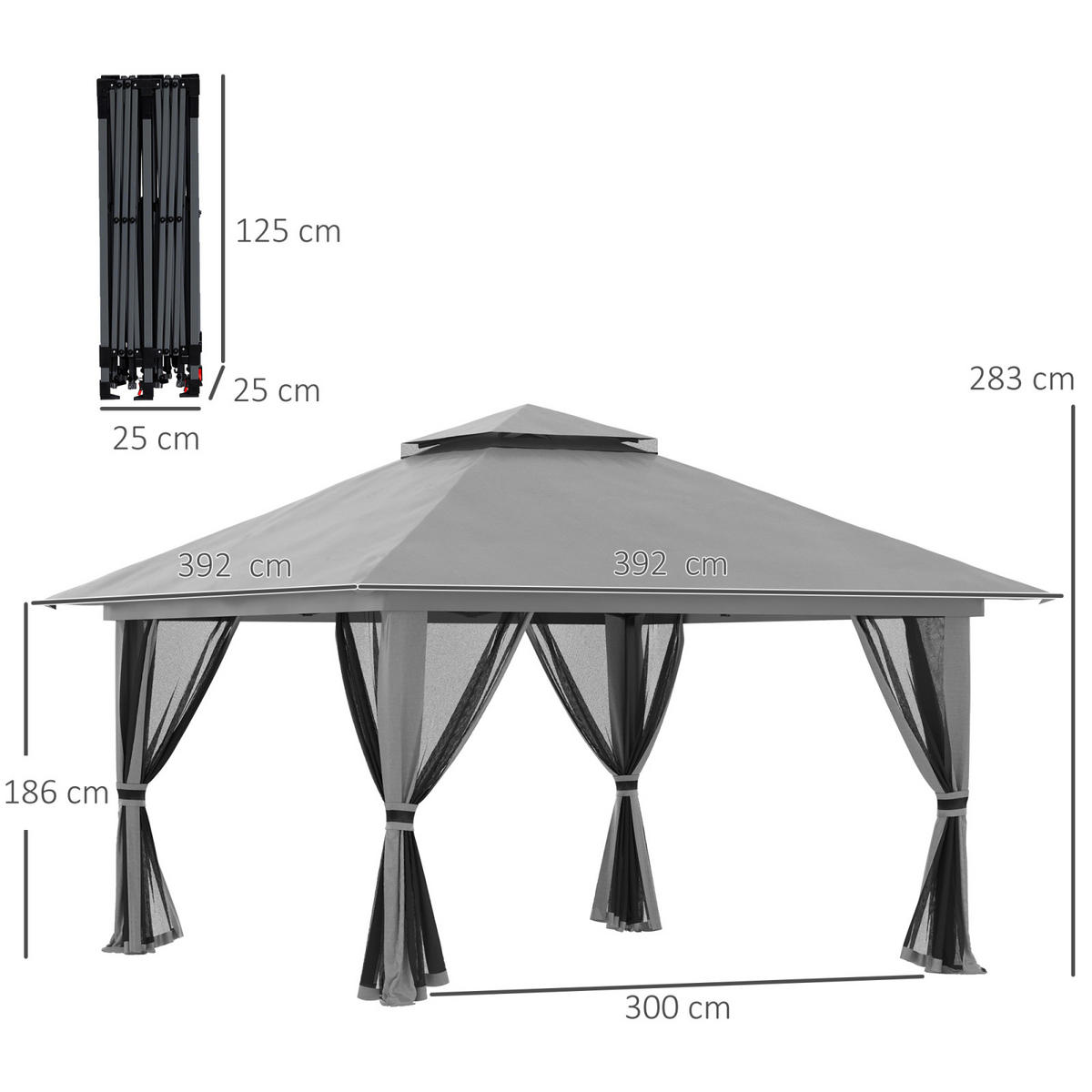 FALTPAVILLON 4x4m mit UV-Schutz und Netzwänden, Pop-Up, Doppeldach, wetterfest und dunkelgrau - Dunkelgrau, Metall (392/283/392cm) - Hauptrolle