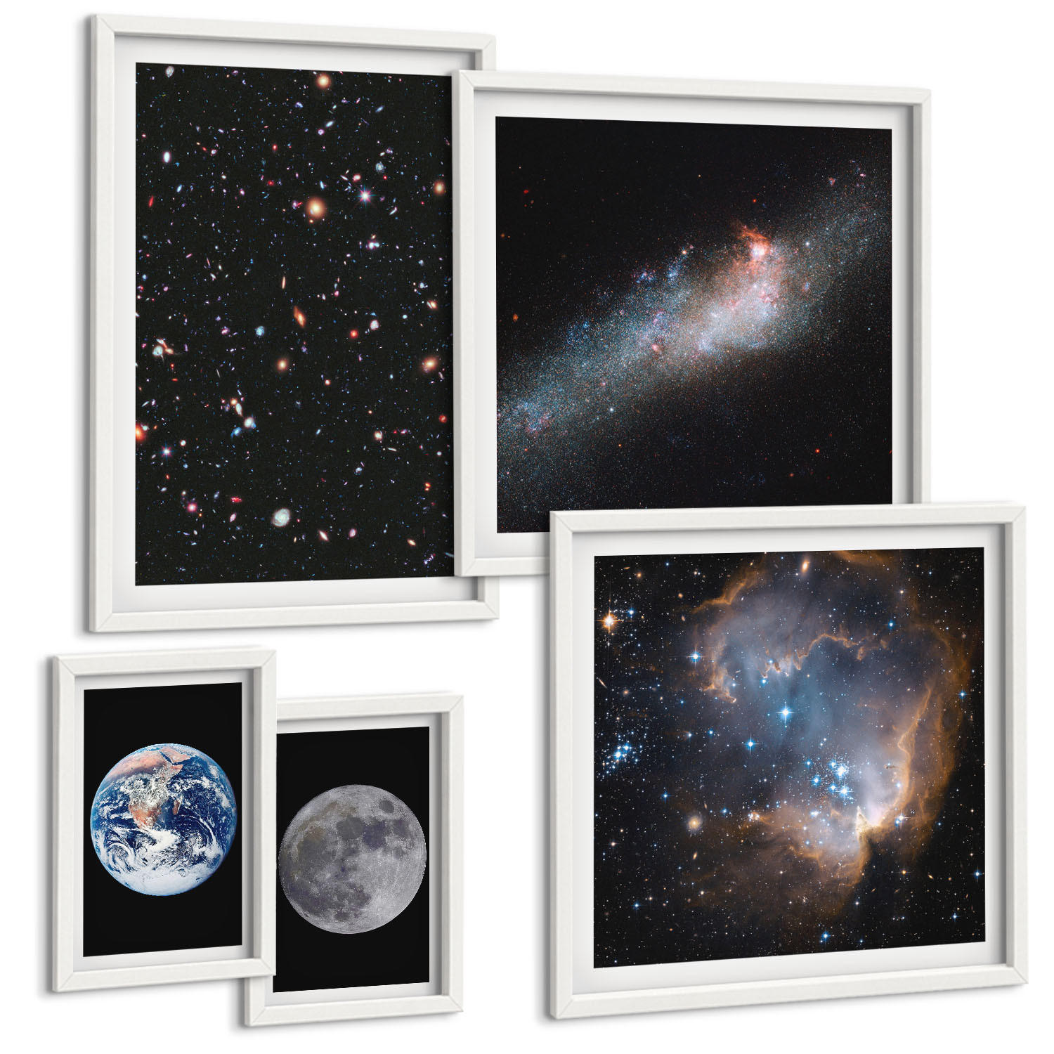BILDER SET 5er Set - 50x50 cm & 20x30 cm & 40x60 cm Weißer Rahmen - Galaxie Weltraum Mond - Weiß, Kunststoff (40/60cm) - TULUP