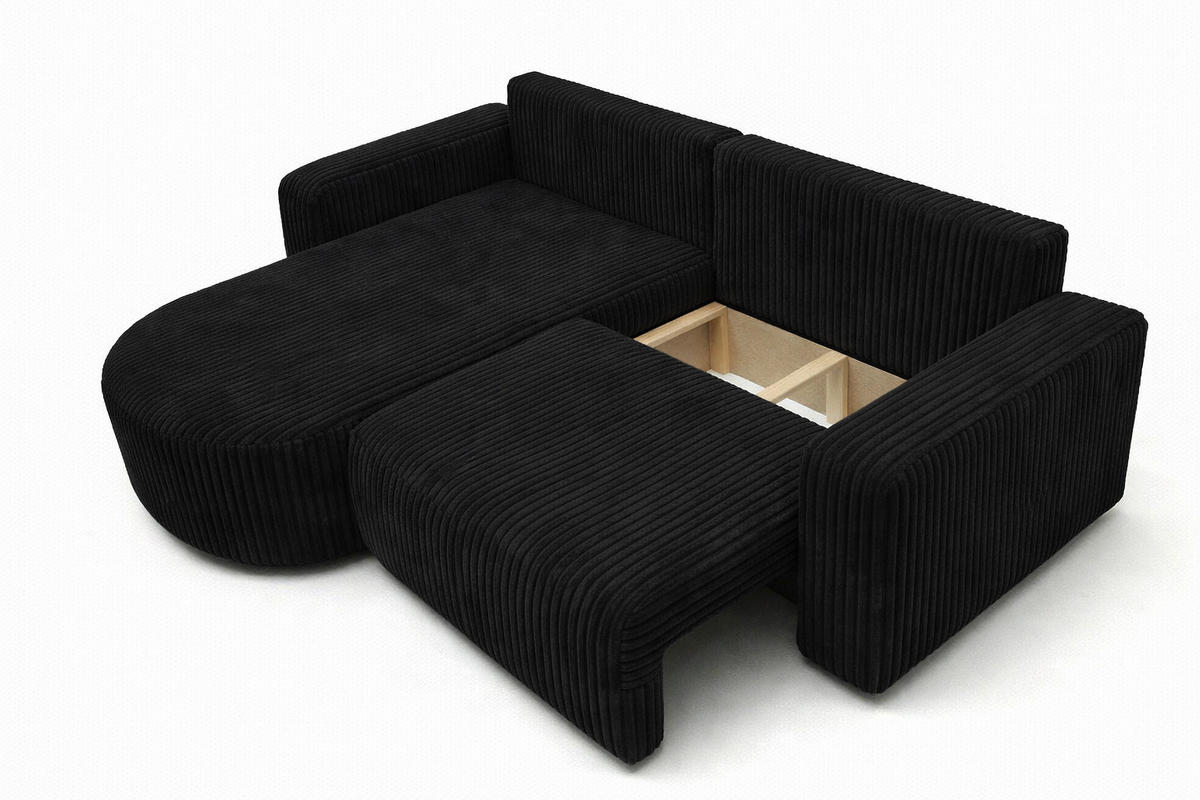 ECKSOFA Mit Schlaffunktion, Cordstoff Tilia, Schwarz, Links, ROUND ONE - Schwarz, Holz (244/175cm) - Kaiser Möbel