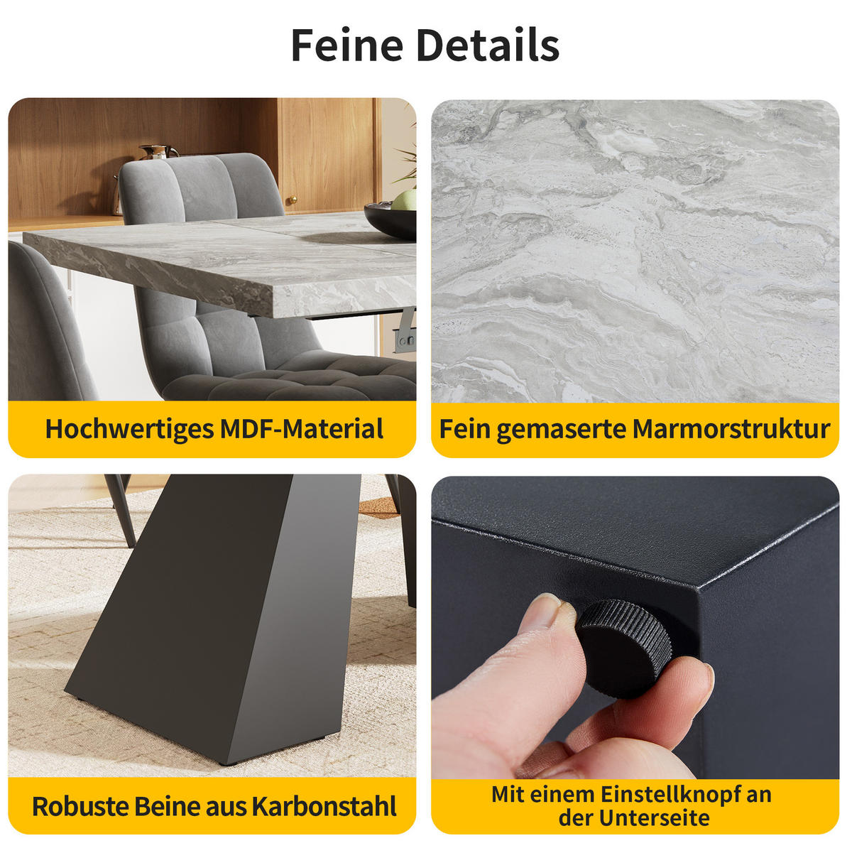 AUSZIEHBARER Esstisch MDF in Marmoroptik, 99–159/74/77 cm, Grau, mit Metallschienen & Metallgestell - Grau, Holzwerkstoff (159/74/77cm) - Redom