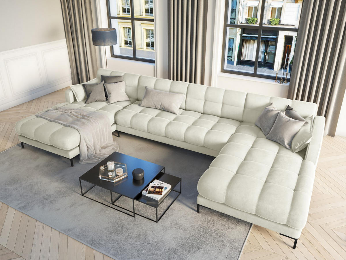 PANORAMASOFA Mamaia aus Samt leichtes beige 6 Sitzplätze - Creme, Textil (185/75/383cm) - Micadoni