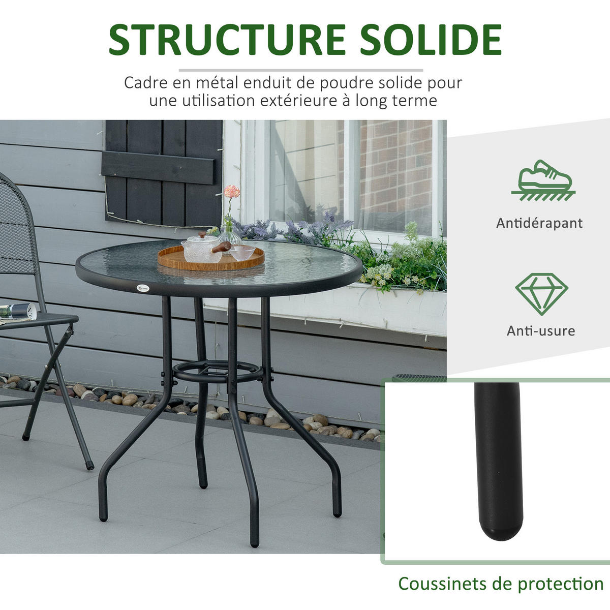 GARTENTISCH DE-14126 mit Schirmhalterung Ø80 cm Schwarz - Schwarz, Metall (80/80/72cm) - ComfortXL