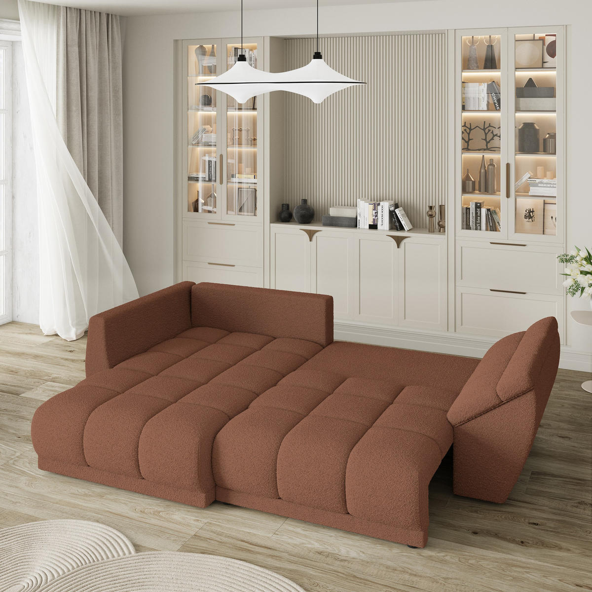 ECKSOFA ORENTI L-S Kupferfarben Boucle-Stoff mit Schlaffunktion - Kupferfarben, Holz (287/182cm) - MASSENO