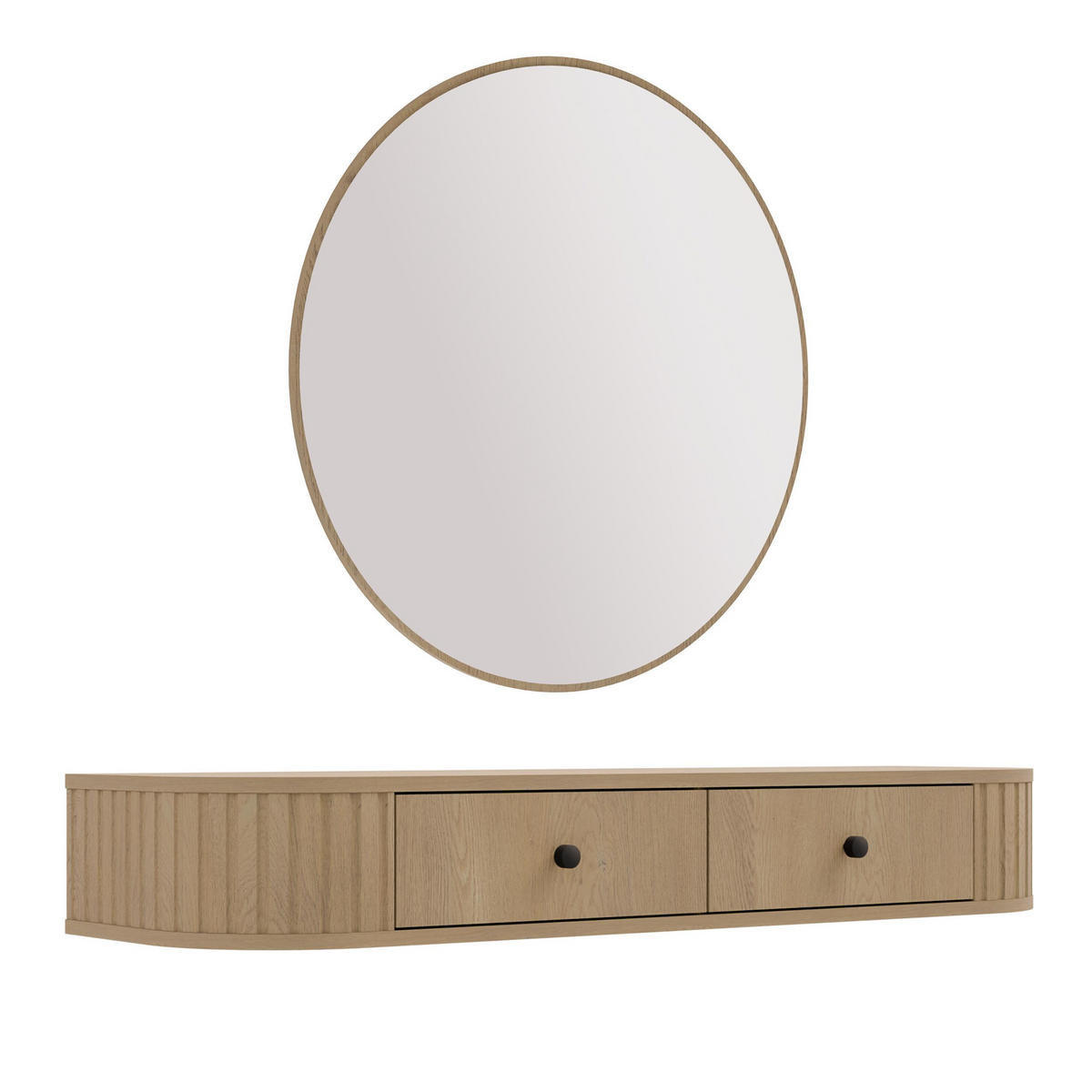 KONSOLENTISCH Halay Eiche Cremona 2 Schubladen mit runden Kanten + Rund Spiegel 100 cm - Eichefarben/Schwarz, Holzwerkstoff/Metall (35.9/123/17.5cm) - AX Living