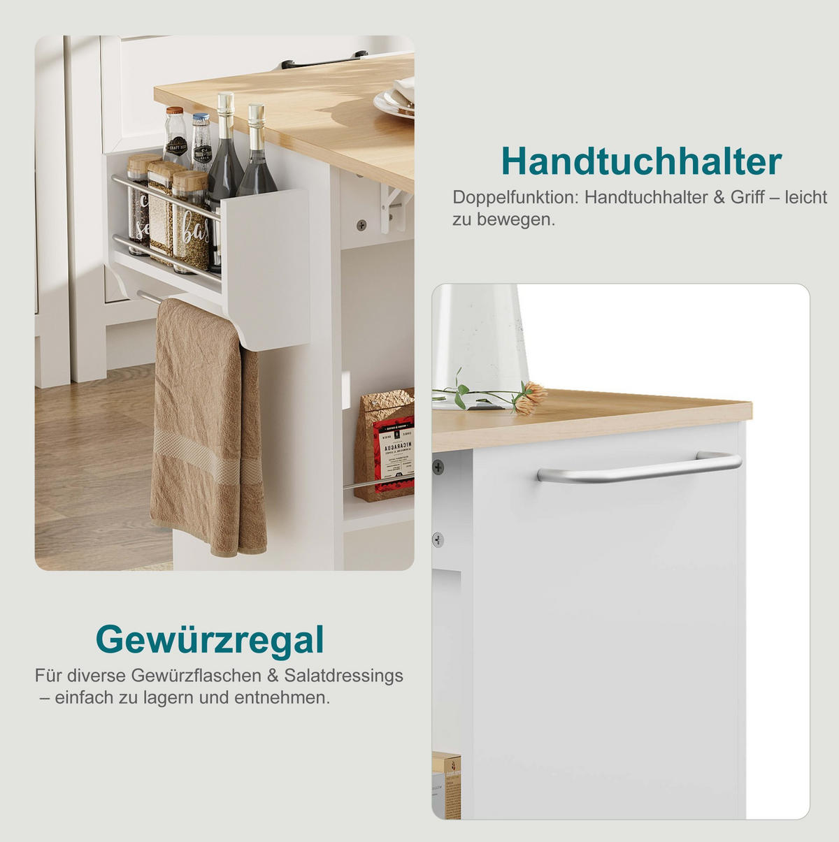 KÜCHENWAGEN mit klappbarer Arbeitsplatte, Schublade und Schränken, White+Natural - Weiß, Holz (67.5/92.8/136.5cm) - Beauniv