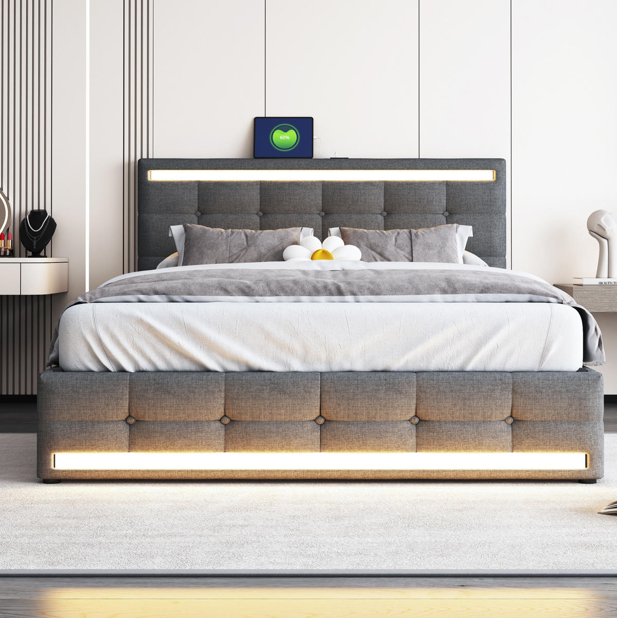 POLSTERBETT aus gepolstertem Stoff 140x200 cm Grau mit LED-Beleuchtung, 2 USB-Anschlüssen und 4 Schubladen - Grau, Textil (140/200cm) - Modfu