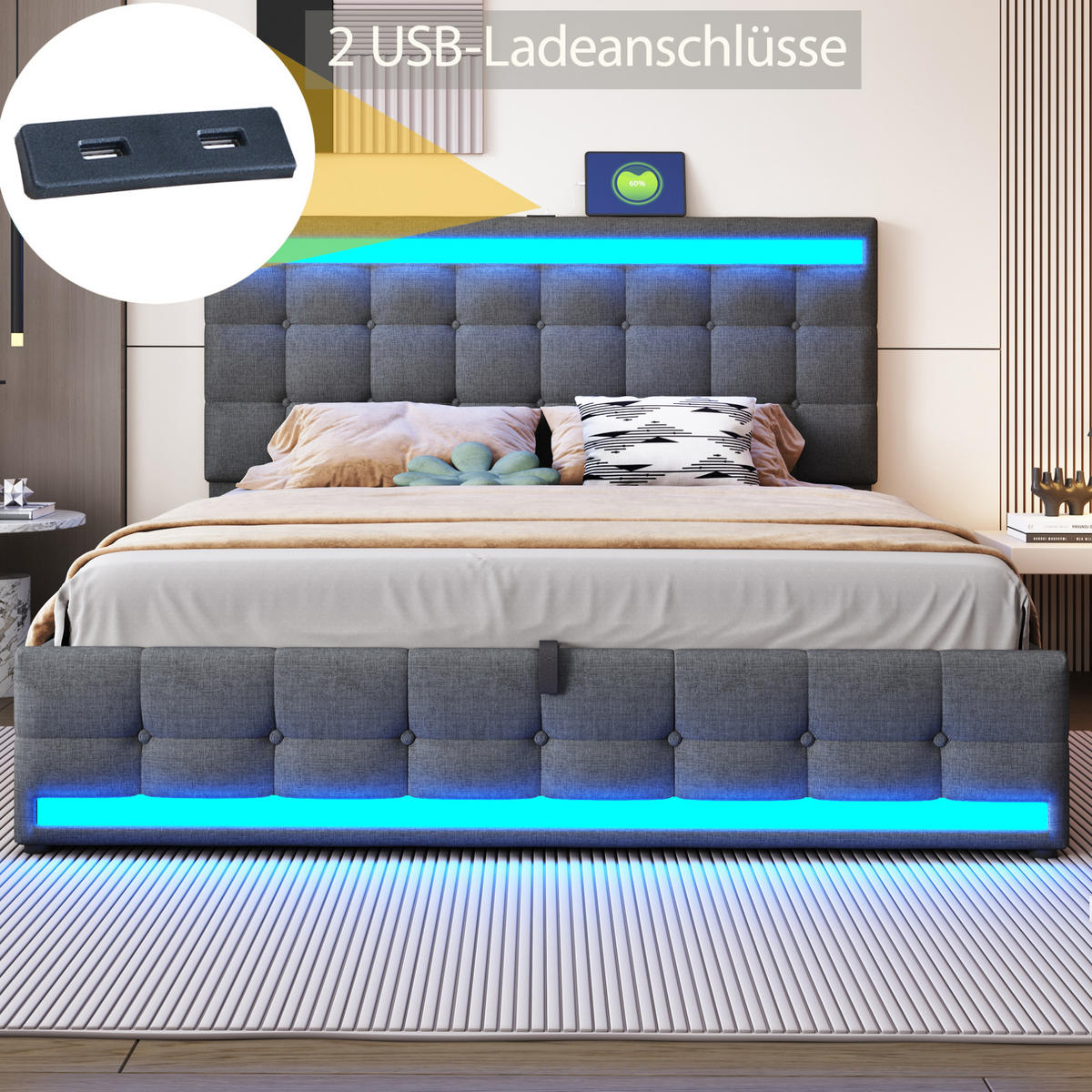 ČALOUNĚNÁ postel 180/200 cm, šedá, s LED osvětlením a USB - šedá, textil (180/200cm) - BEAOK