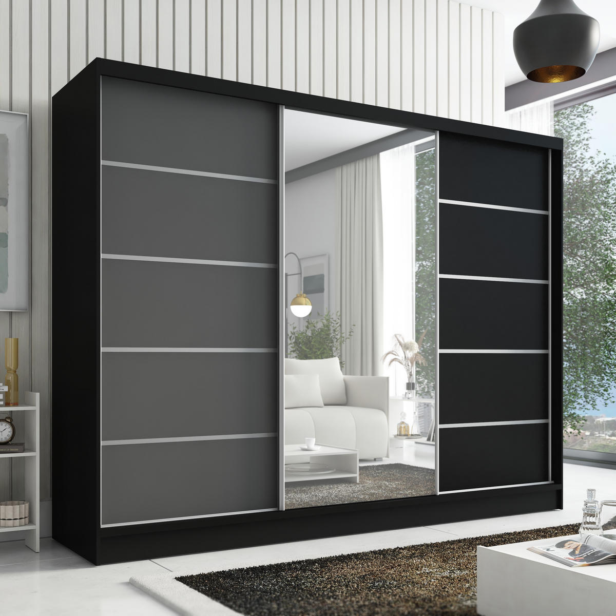 SCHWEBETÜRENSCHRANK 200 cm AURELIA 1 Farbe: Schwarz, Graphit, Schwarz - Schwarz/Graphitfarben, Holzwerkstoff (200/215/60cm) - A&J MöbelLand