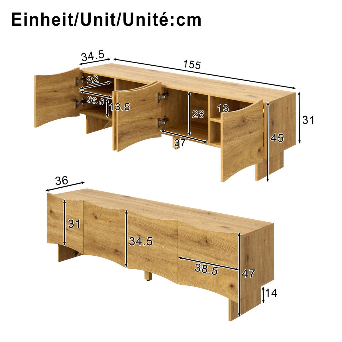 LOWBOARD 155/36/47 cm in Natur aus Spanplatte mit Wellenmuster - Eichefarben, Holzwerkstoff (36/47/155cm) - OKMYHOME