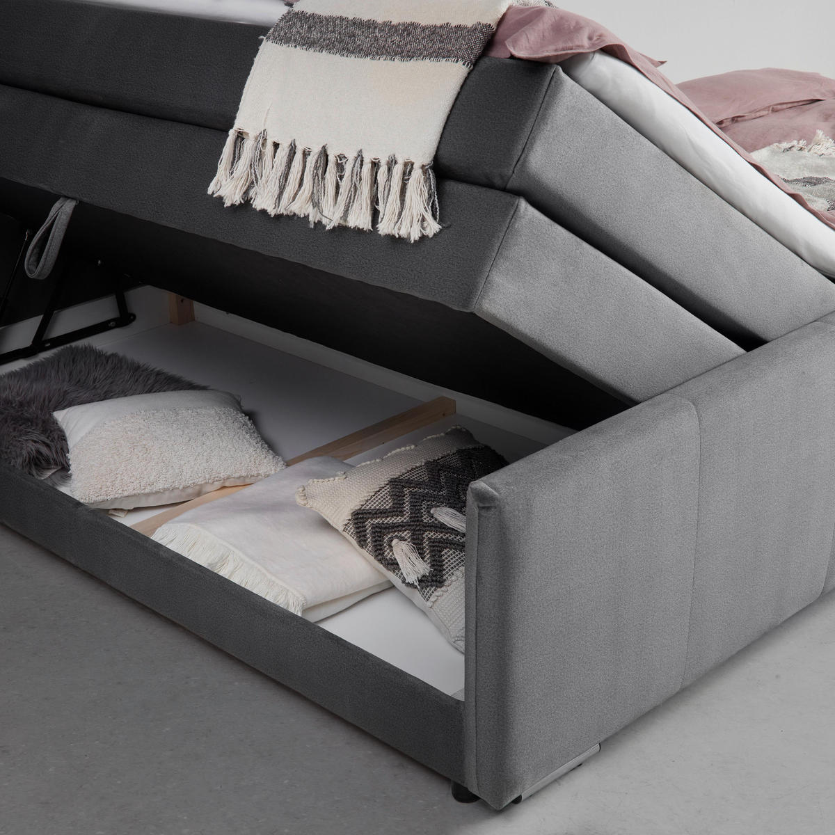 BOXSPRINGBETT Leonora Grau ca. 200 / 200 cm mit Topper - Grau, Holz - Bessagi Home