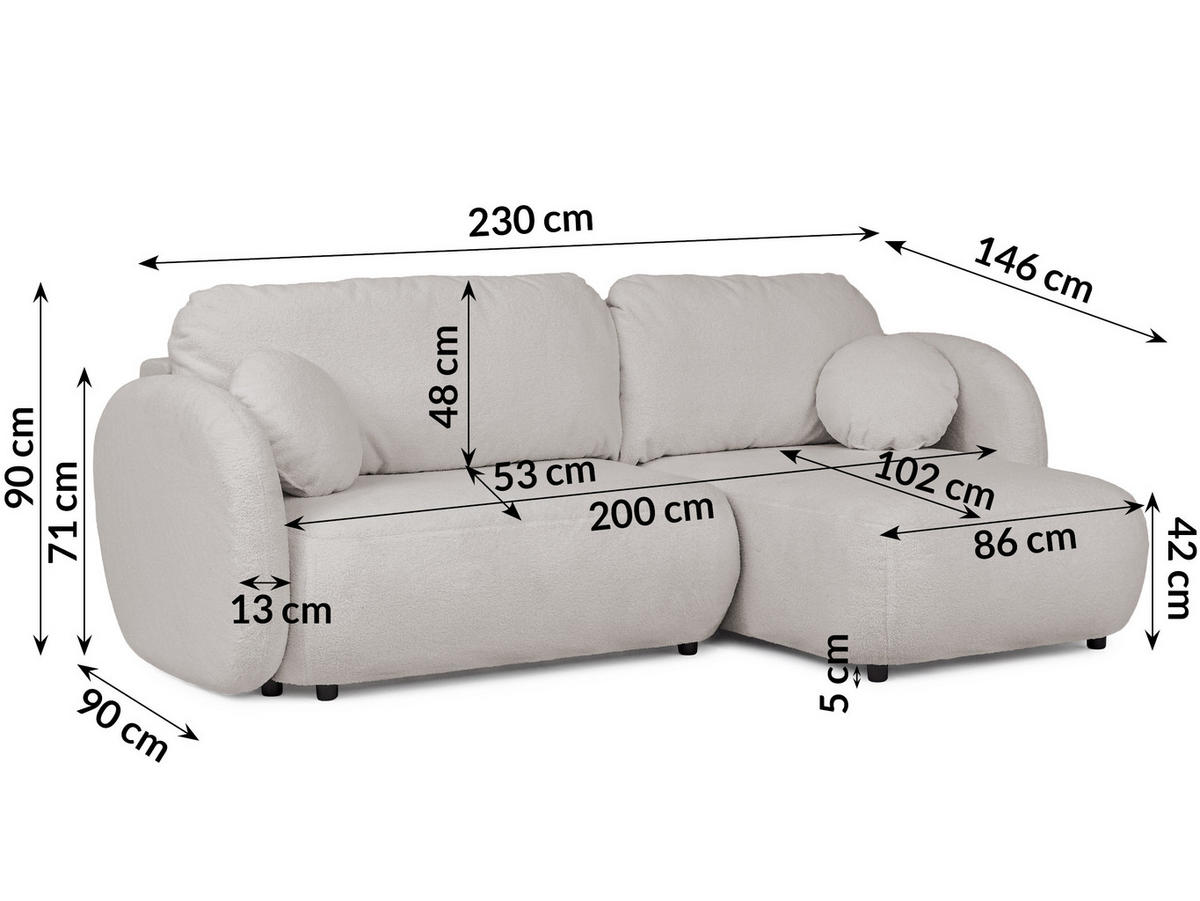 ECKSOFA Candy mit Schlaffunktion Hellgrau Bouclé-Stoff - Ottomane rechts - Hellgrau/Schwarz, Holz/Kunststoff (146/230cm) - S-Style Möbel