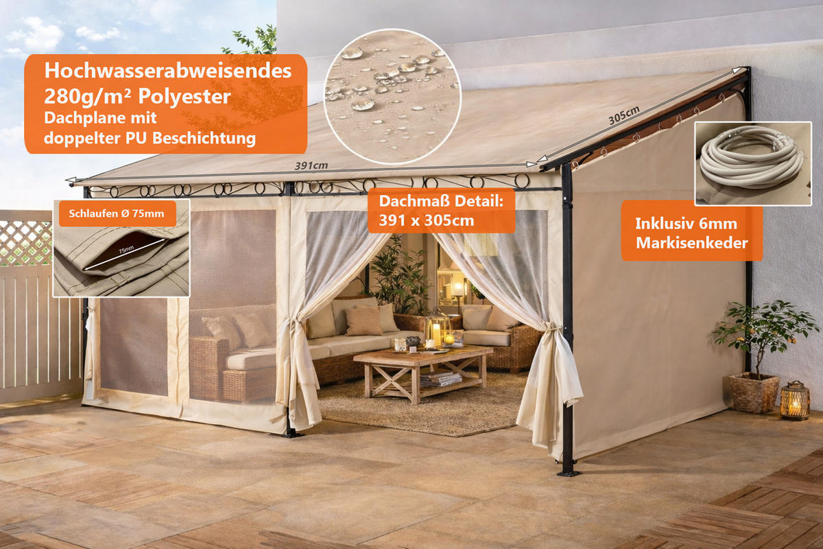 ERSATZDACH Rollpavillon 3x4m Sand - Beige, Textil (391/1/305cm) - QUICK STAR