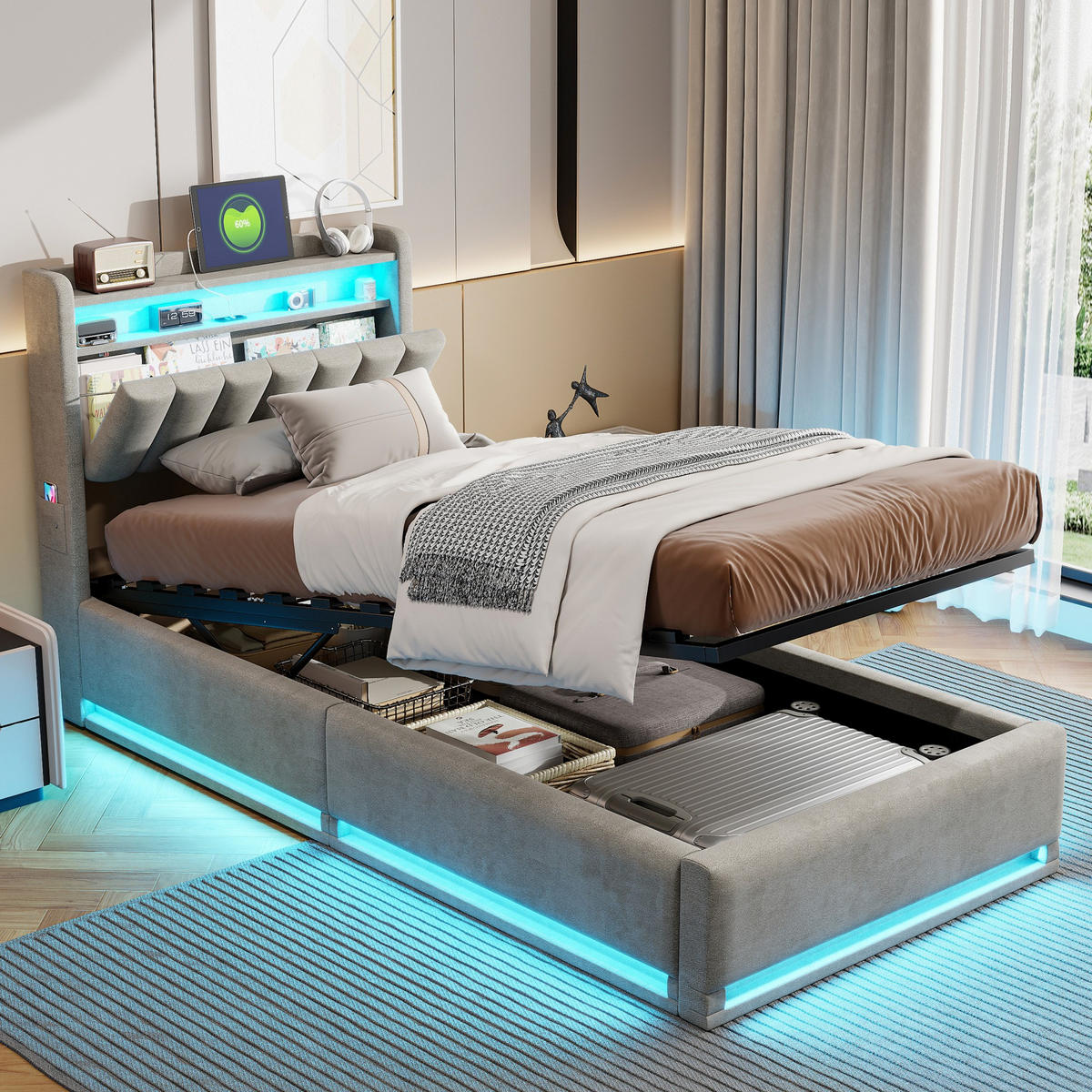 POLSTERBETT 90x200 cm mit USB/Typ-C Ladefunktion RGB-Beleuchtung 4 Schubladen & Kopfteil-Stauraum Samt Grau - Grau, Textil (90/200cm) - DELFA
