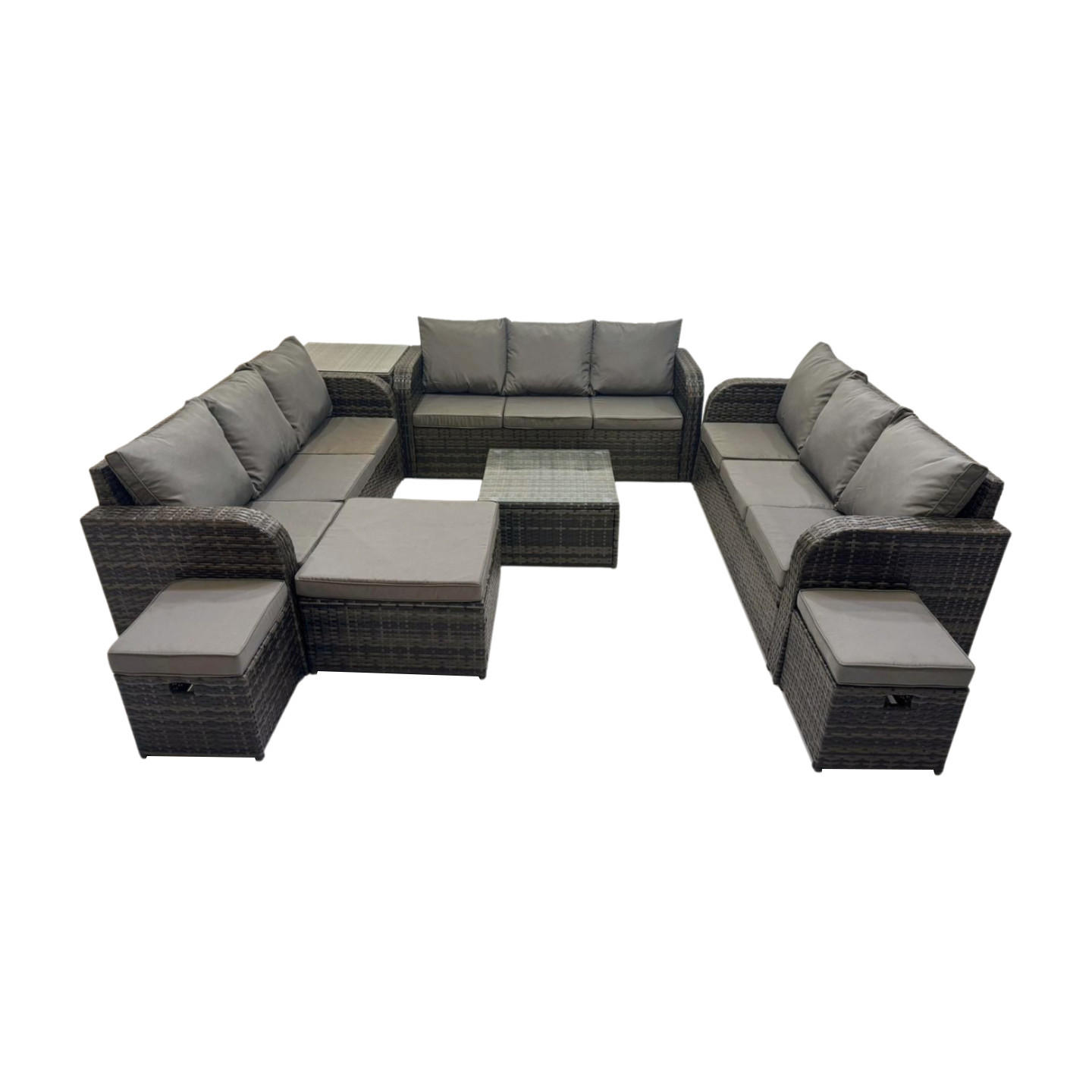 GARTENMÖBELGARNITUR mit KISSEN Polyrattan Dunkelgrau 12-Sitzer - Dunkelgrau/Grau, Glas/Kunststoff - Fimous