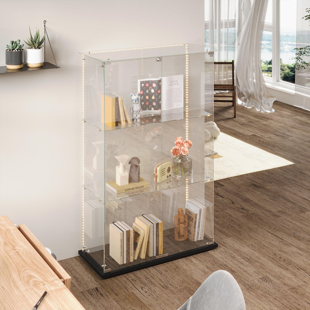 LED-VITRINE, 3-stufig mit Doppeltüren, Schwarzrahmen - Schwarz, Glas (78.5/123.3/35cm) - Joyfair