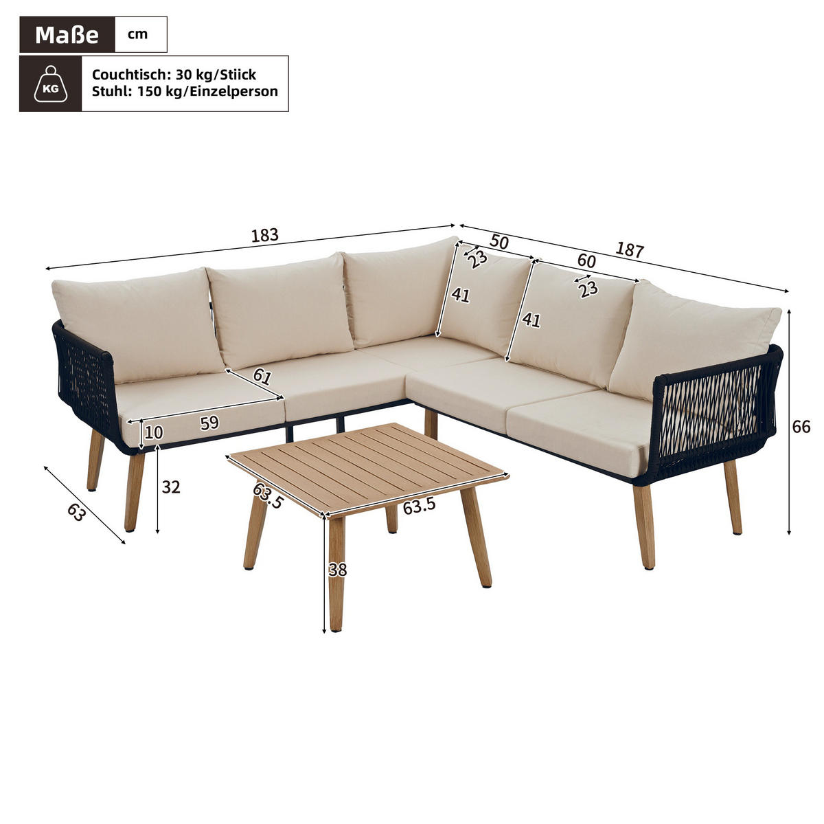 GARTENSET 187x183x66cm beige aus Stahl und Olefin, wasserdicht - Beige, Metall - Modfu