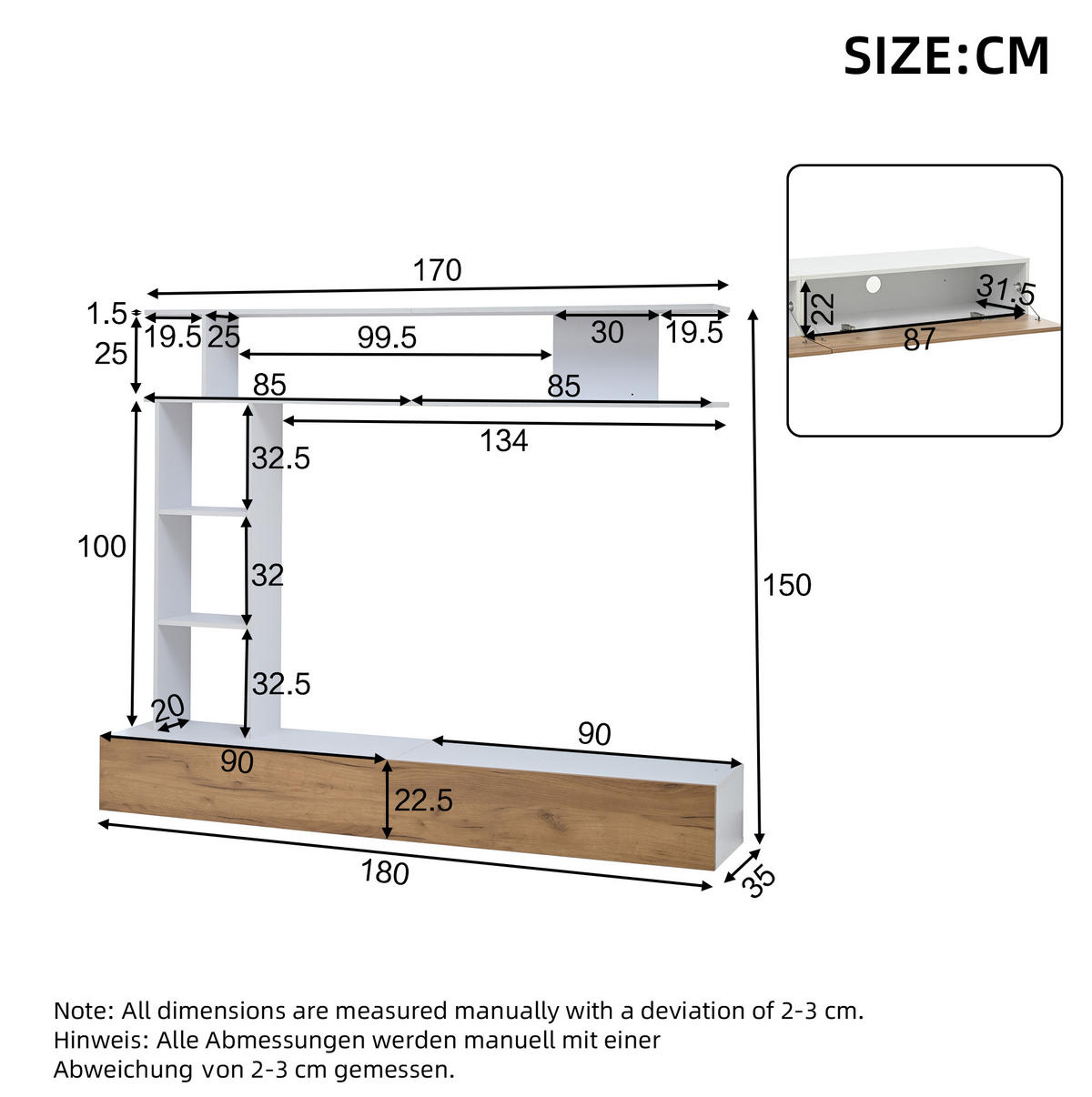 TV regal 180/35/150 cm bijelo i boja hrasta od iverala s policama i stojećom ili visećom montažom - bijela, drvni materijal (180/150/35cm) - OKWISH