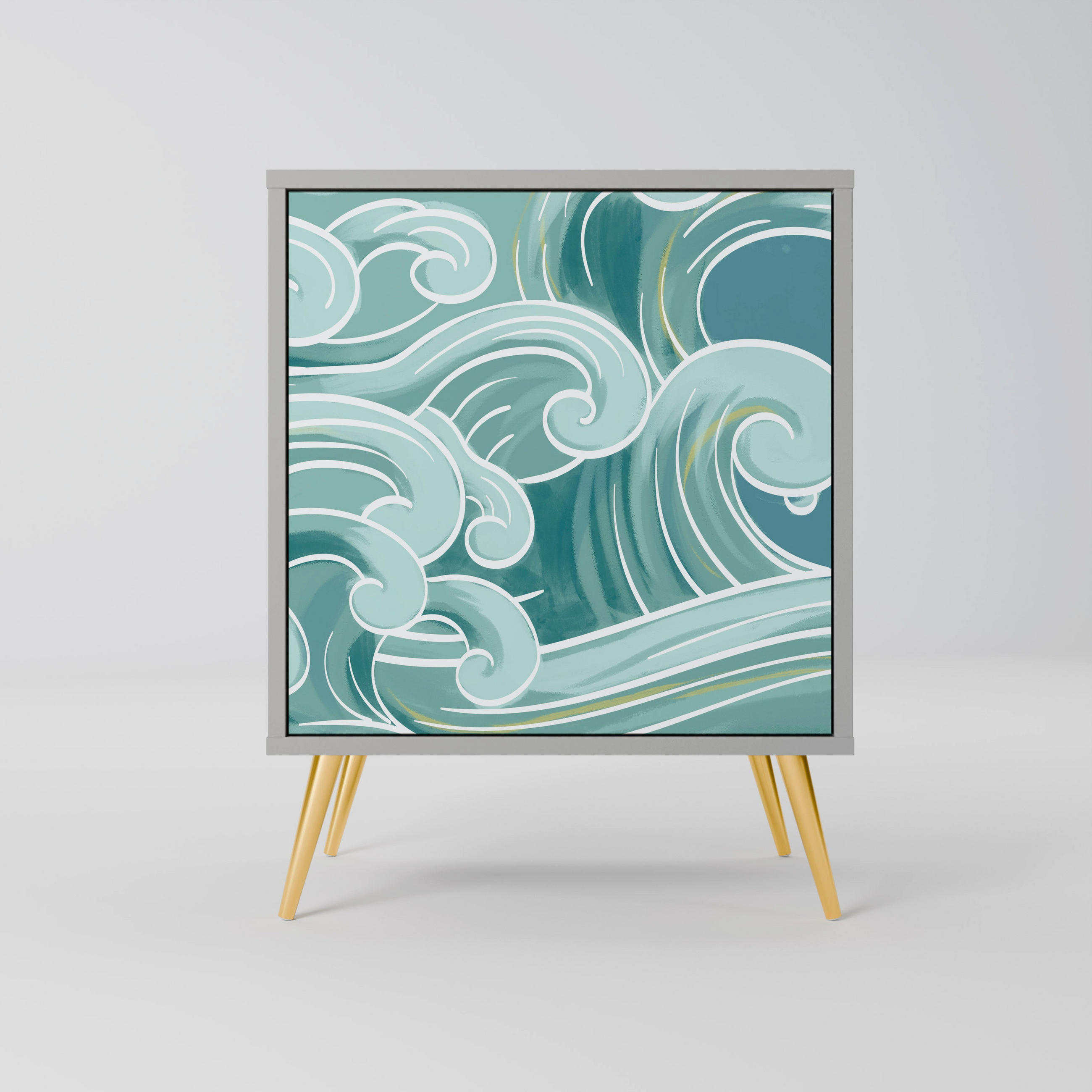 SIDEBOARD ASIAN SWAY, Grau, 57,5x42x75,5 cm, Goldfarbene Metallfüße - Goldfarben/Multicolor, Holzwerkstoff/Metall (57.5/75.5/42cm) - SpaceRebels