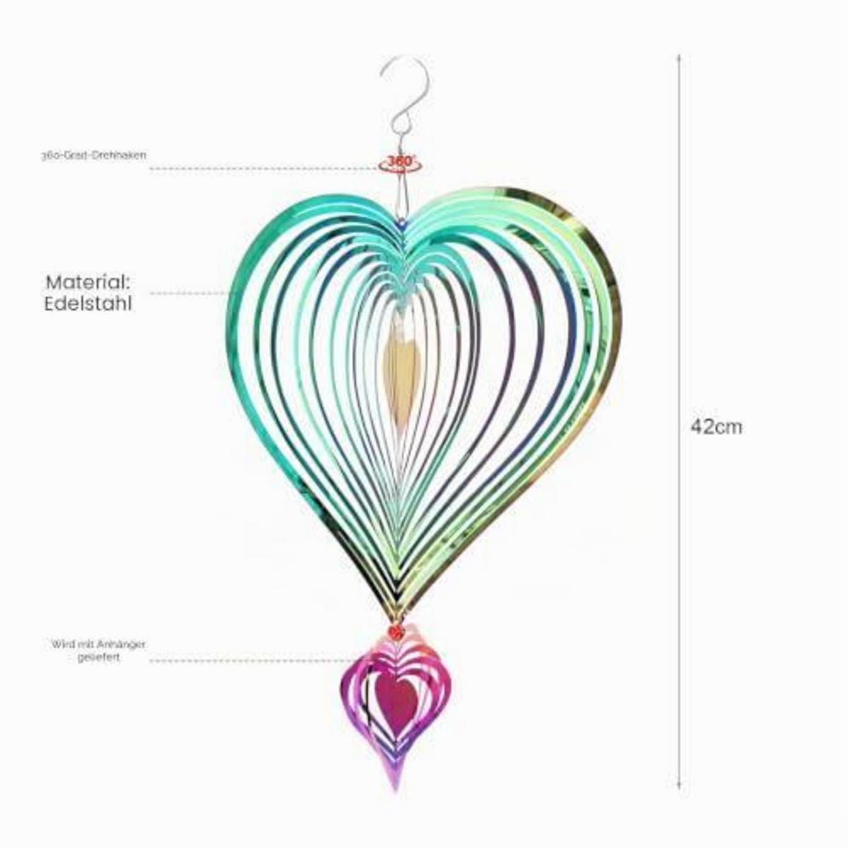 WINDSPIEL Herz Edelstahl 3D Farbverlauf - Multicolor, Metall (46.5/25/46.5cm)