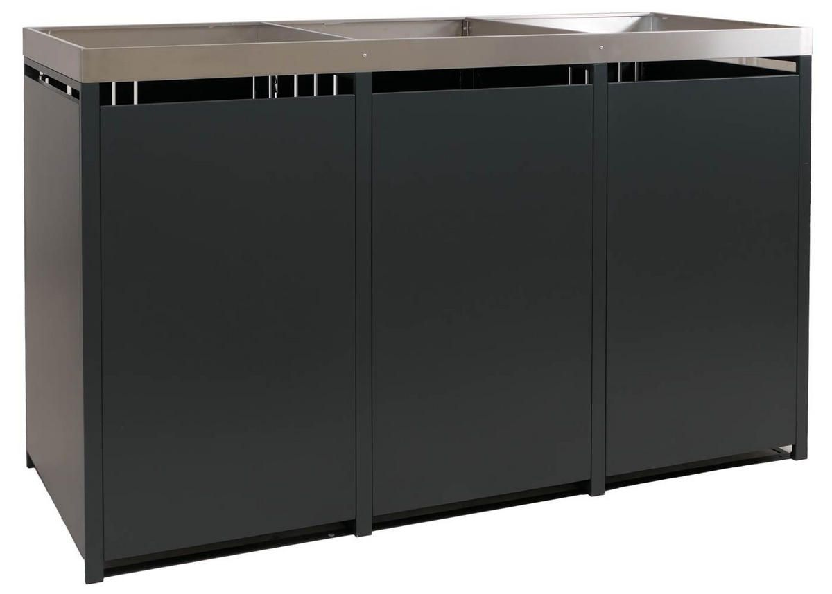 MÜLLTONNENBOX 3er mit Pflanzkasten HxBxT 125x196x84cm Anthrazit Edelstahl - Anthrazit, Metall (196/125/84cm) - PROREGAL