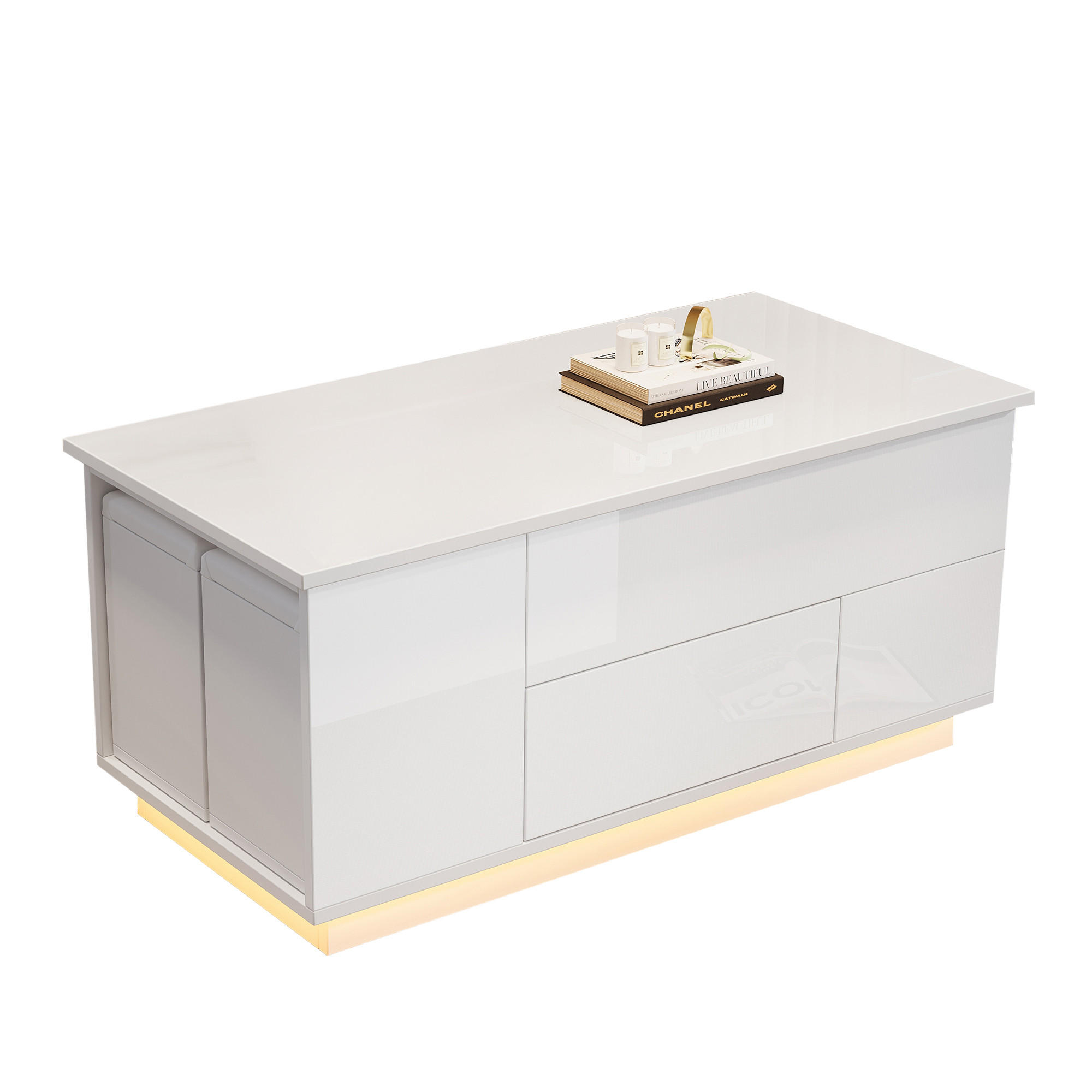 COUCHTISCH in Weiß mit LED und Schubladen für Wohnzimmer, B100/T50/H45 cm - Weiß, Holzwerkstoff (50/100/59cm) - STILVORA