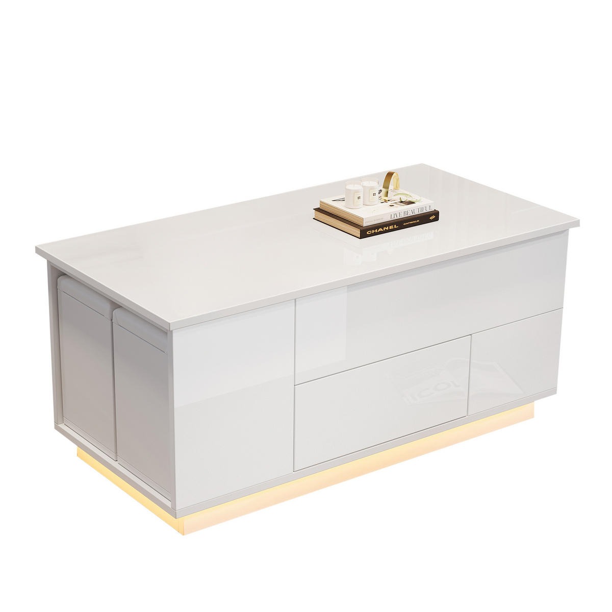 COUCHTISCH 100/50/45 cm Weiß aus Holzwerkstoff mit hydraulisch höhenverstellbarer Platte und LED - Weiß, Holzwerkstoff (100/50/45cm) - OKWISH