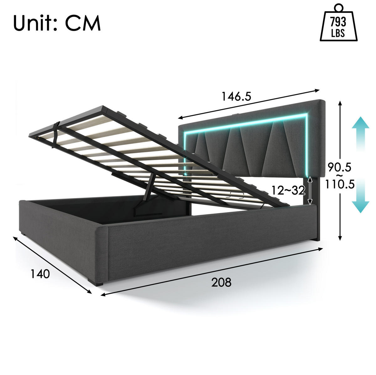 POLSTERBETT 140/200 cm mit LED-Beleuchtung, USB- und Type-C-Anschluss, Bettkasten und Matratze, Grau - Grau, Textil (140/200cm) - Redom