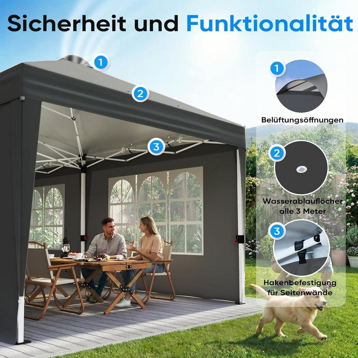 FALTPAVILLON 3x6m mit 6 Seitenwänden Grau Bogenfenster - Grau, Metall (585/285/293cm)
