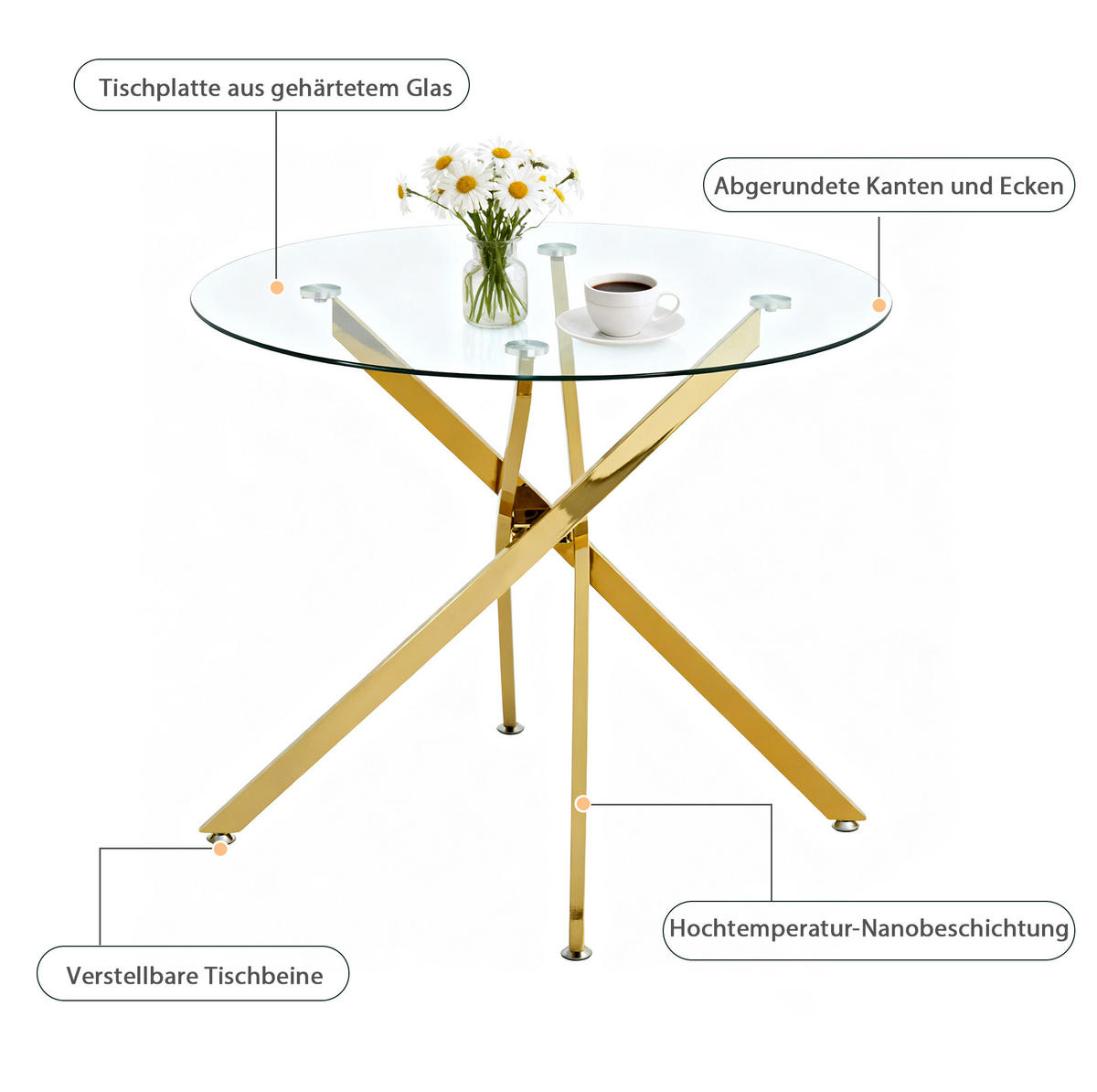 ESSTISCH rund 80/80/76 cm aus Glas und Metall in Gold - Goldfarben, Metall (80/80/76cm) - Flora Grace