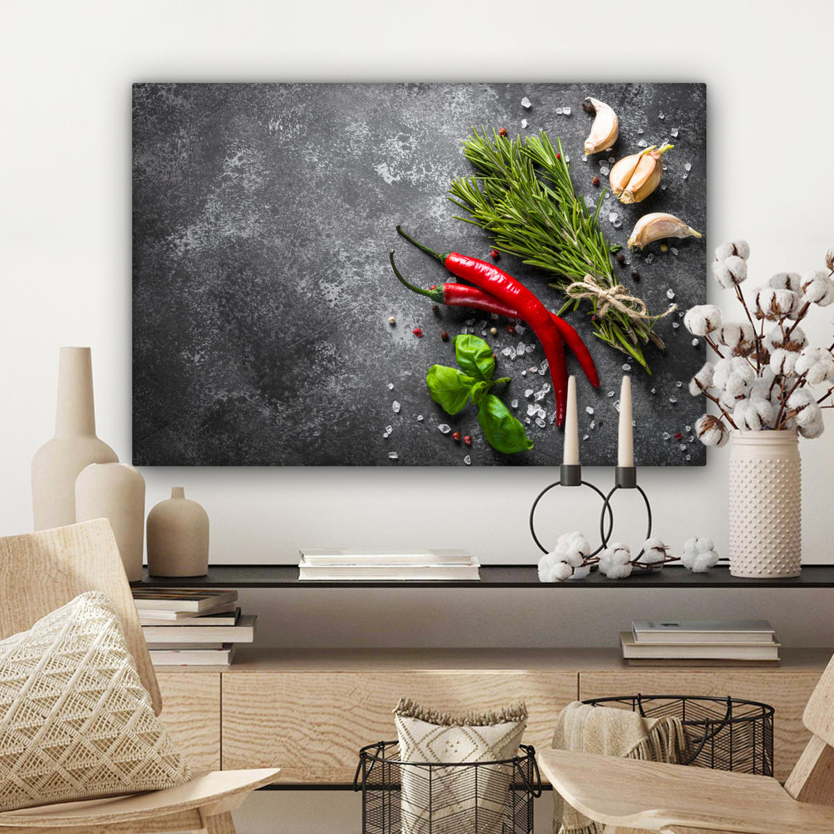 LEINWANDBILD Pfeffer - Kräuter - Gewürze - Beton - Küche 90x60 cm - Dunkelgrau, Textil (90/60cm) - MuchoWow