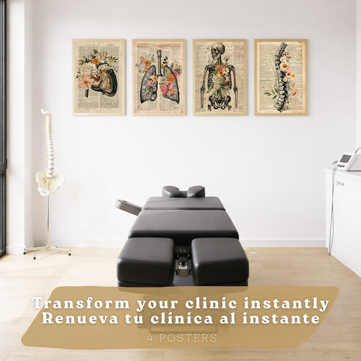 POSTER Set aus 4 Anatomie Drucke und Wandbilder mit Leber Lungen Atmungssystem Skelett Schädel Wirbelsäule Vintage Zeitungsstil Größe Rahmenlos A4 - Klar, Papier (21/29.7/3cm) - Nacnic