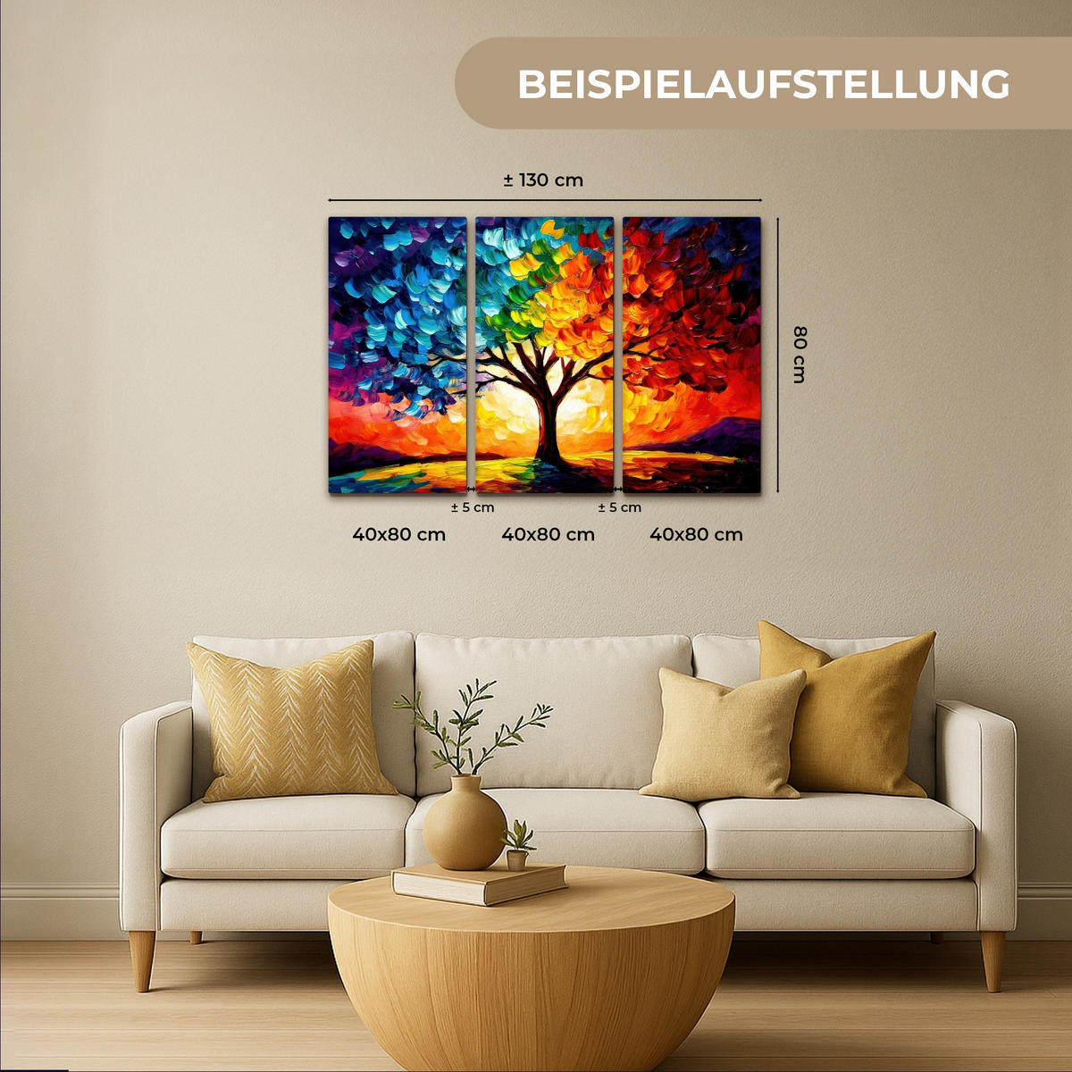 LEINWANDBILD 3er Set Baum - Farbenfroh - Malerei-Look - Abstrakt 120x80 cm - Multicolor, Textil (120/80cm) - MuchoWow
