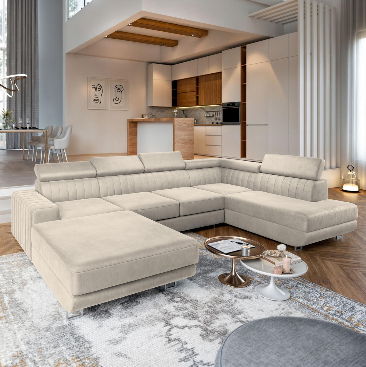 WOHNLANDSCHAFT SIENA R-S Creme Velours-Stoff mit Schlaffunktion - Creme, Holz (335/89/190cm) - MASSENO