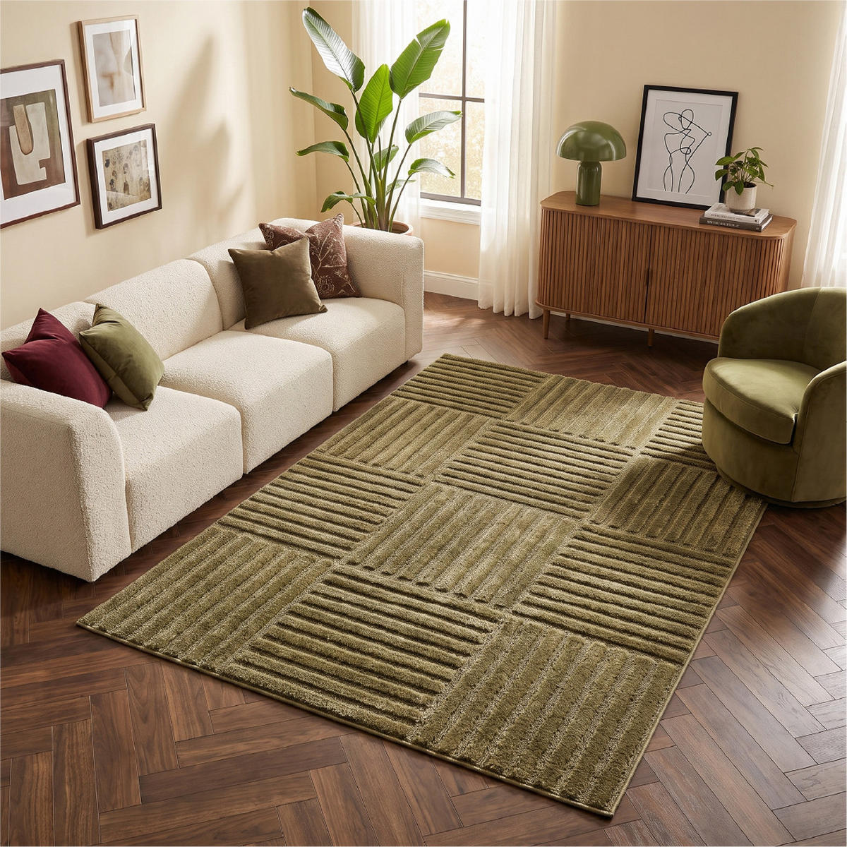 KURZFLORTEPPICH RELIEVO oliv geometrisch 3D-Struktur 140/200 cm - Olivgrün, Textil (140/200cm) - Tapiso