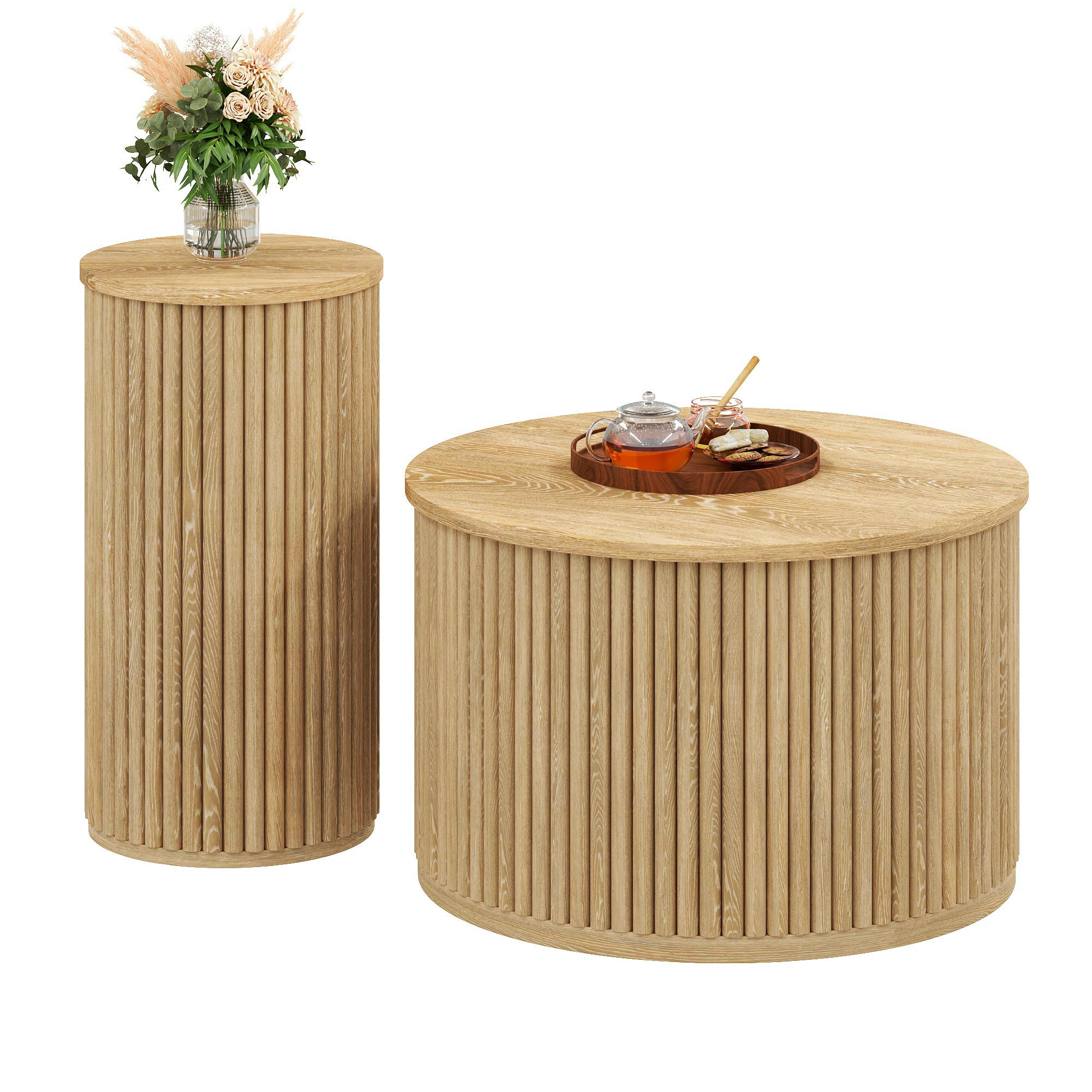 COUCHTISCH Set rund 60/38,5 cm Natur MDF mit 3D-Streifenmuster - Naturfarben, Holzwerkstoff (60/60/38.5cm) - OKWISH