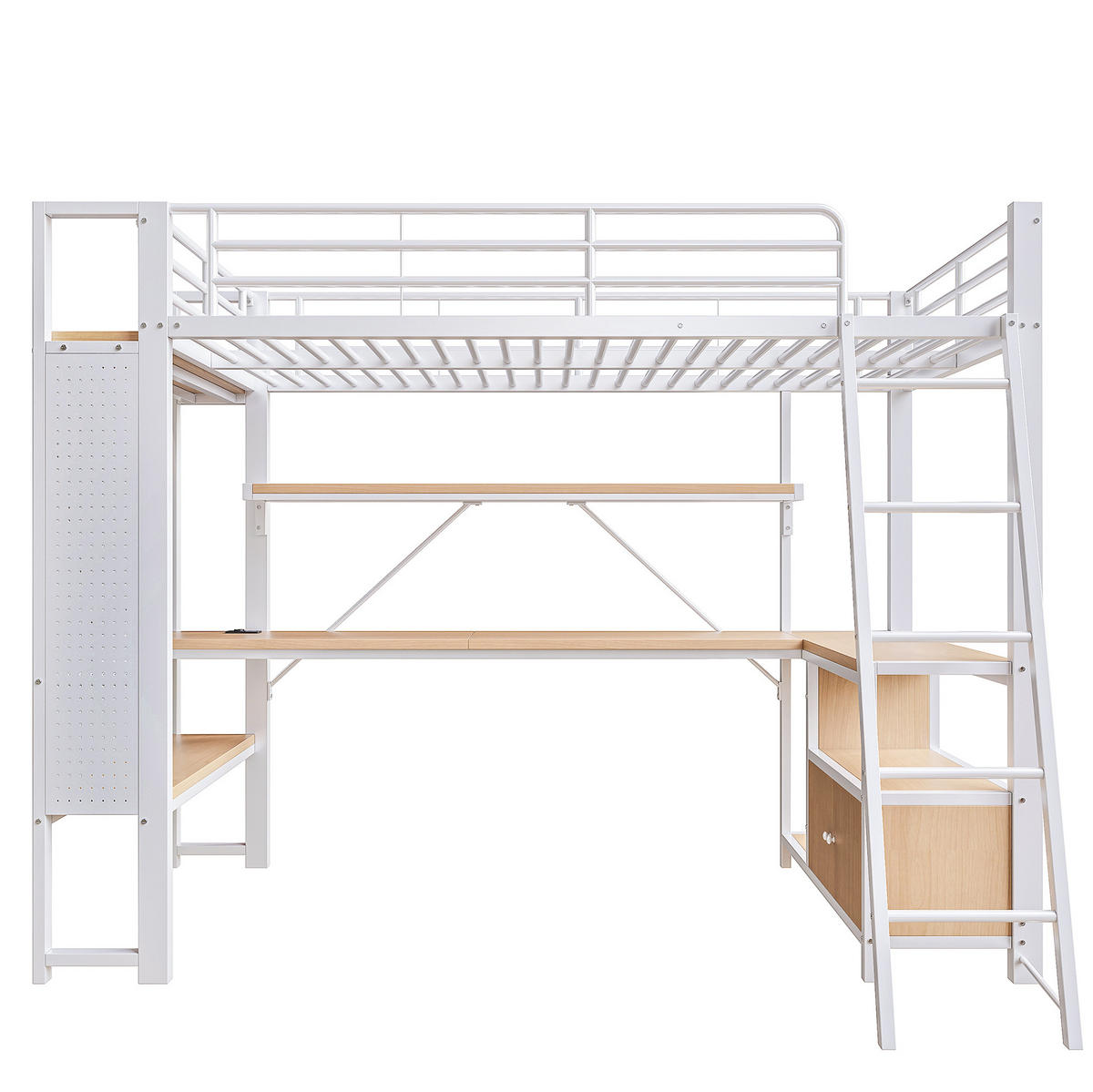 HOCHBETT 90/200 cm mit Schreibtisch, LED-Lichtleiste, Regalen, Lochwand und USB-Anschluss, Weiß - Weiß, Metall (90/200cm) - Redom
