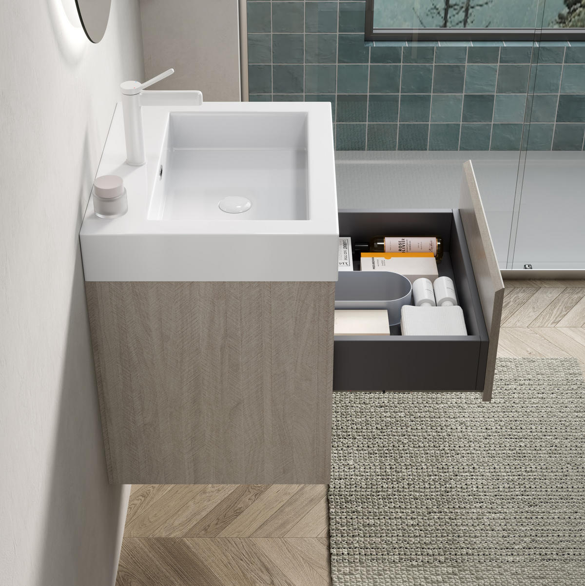 WASCHTISCHKOMBI 55 cm Eiche hell/Weiß aus Resin mit Soft-Close und Vormontage - Creme, Kunststoff (55/60/46cm) - OKMYHOME