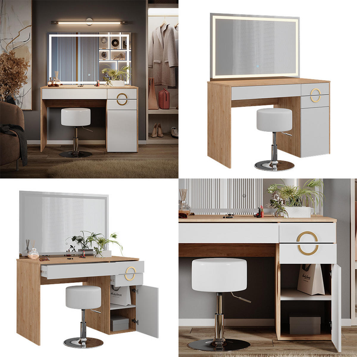 SCHMINKTISCH Adela Natural Rockford Hickory 115 cm mit LED Spiegel und Hocker - Weiß/Sonoma Eiche, Holzwerkstoff (115/76.4/55cm) - Vicco